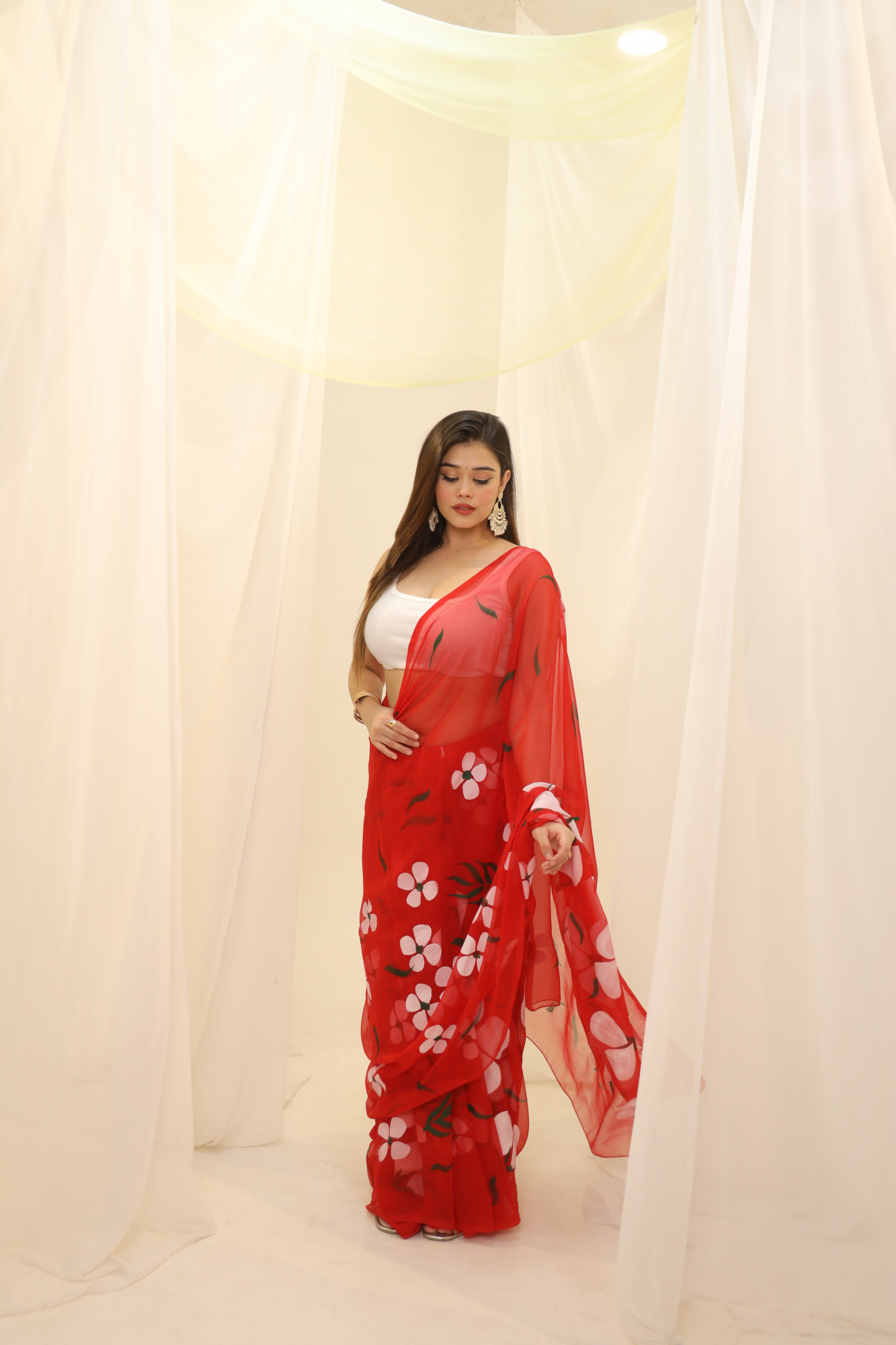 Red Floral Hand Painted Georgette Saree