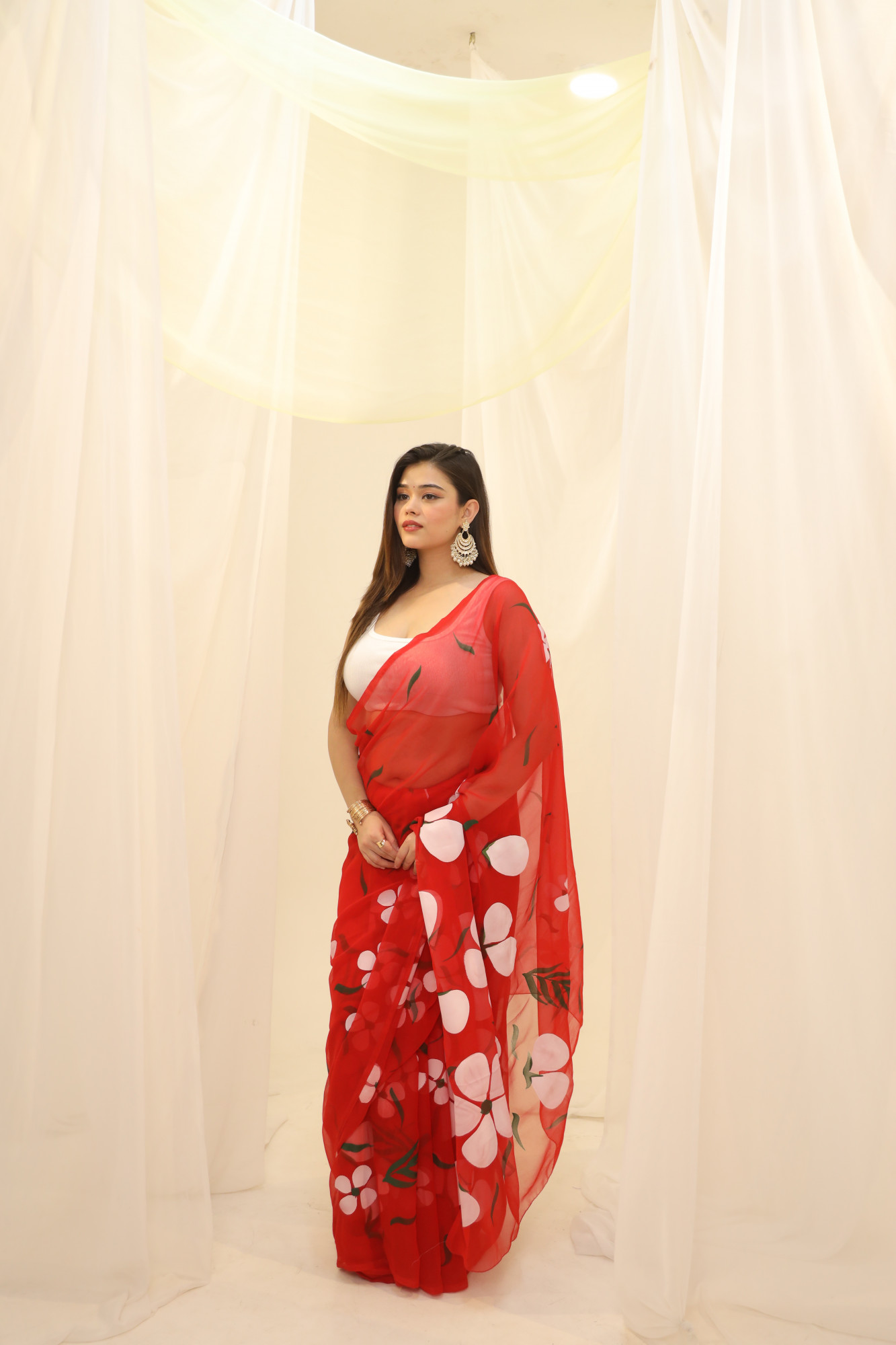 Red Floral Hand Painted Georgette Saree