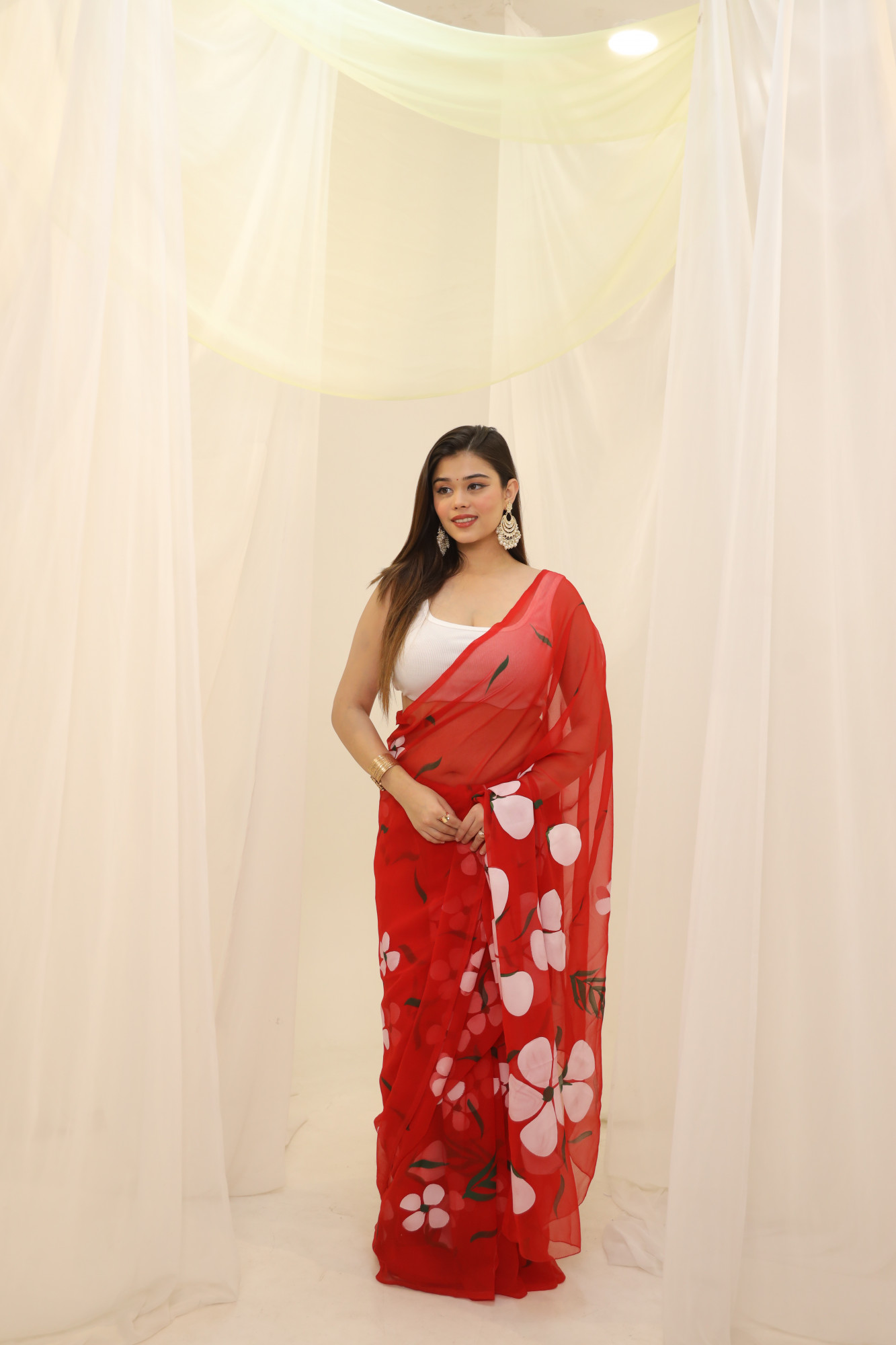 Red Floral Hand Painted Georgette Saree