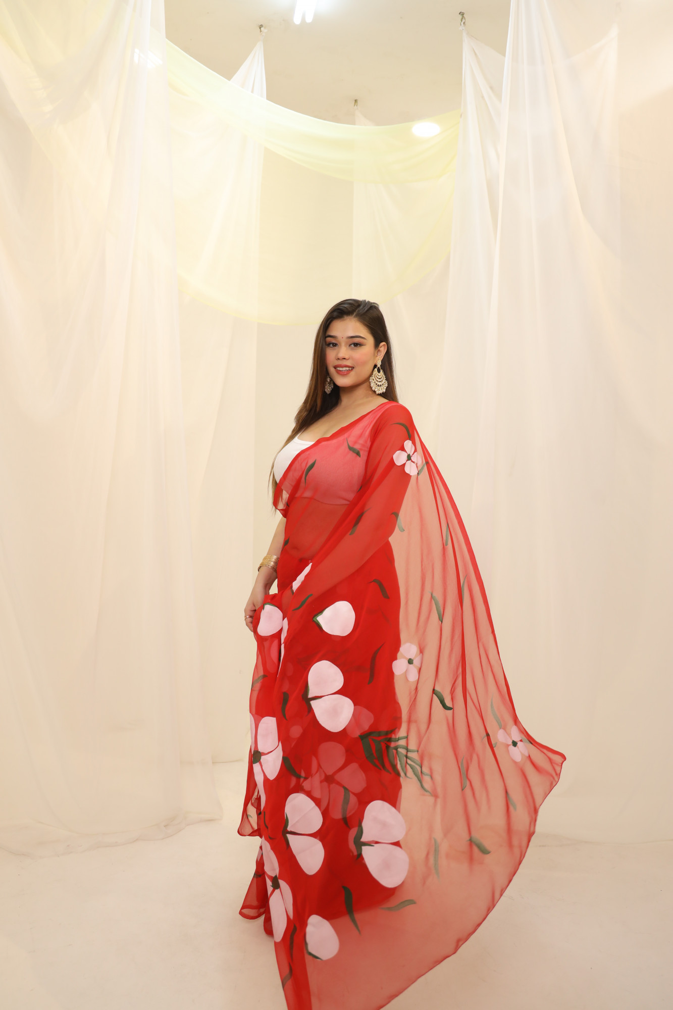 Red Floral Hand Painted Georgette Saree