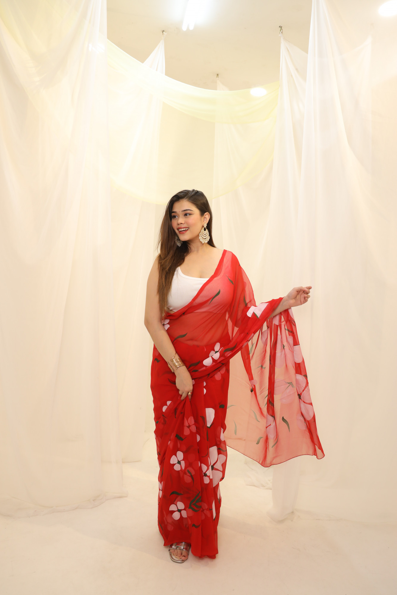 Red Floral Hand Painted Georgette Saree