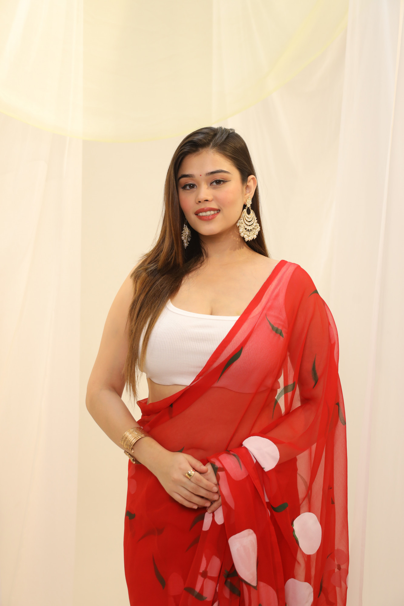 Red Floral Hand Painted Georgette Saree