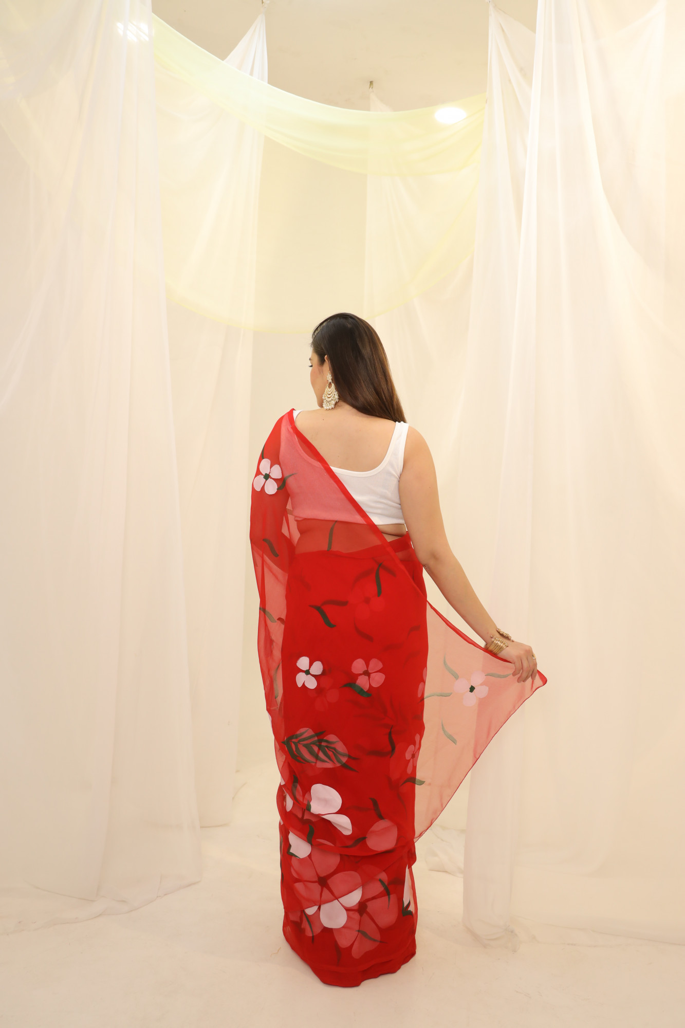 Red Floral Hand Painted Georgette Saree