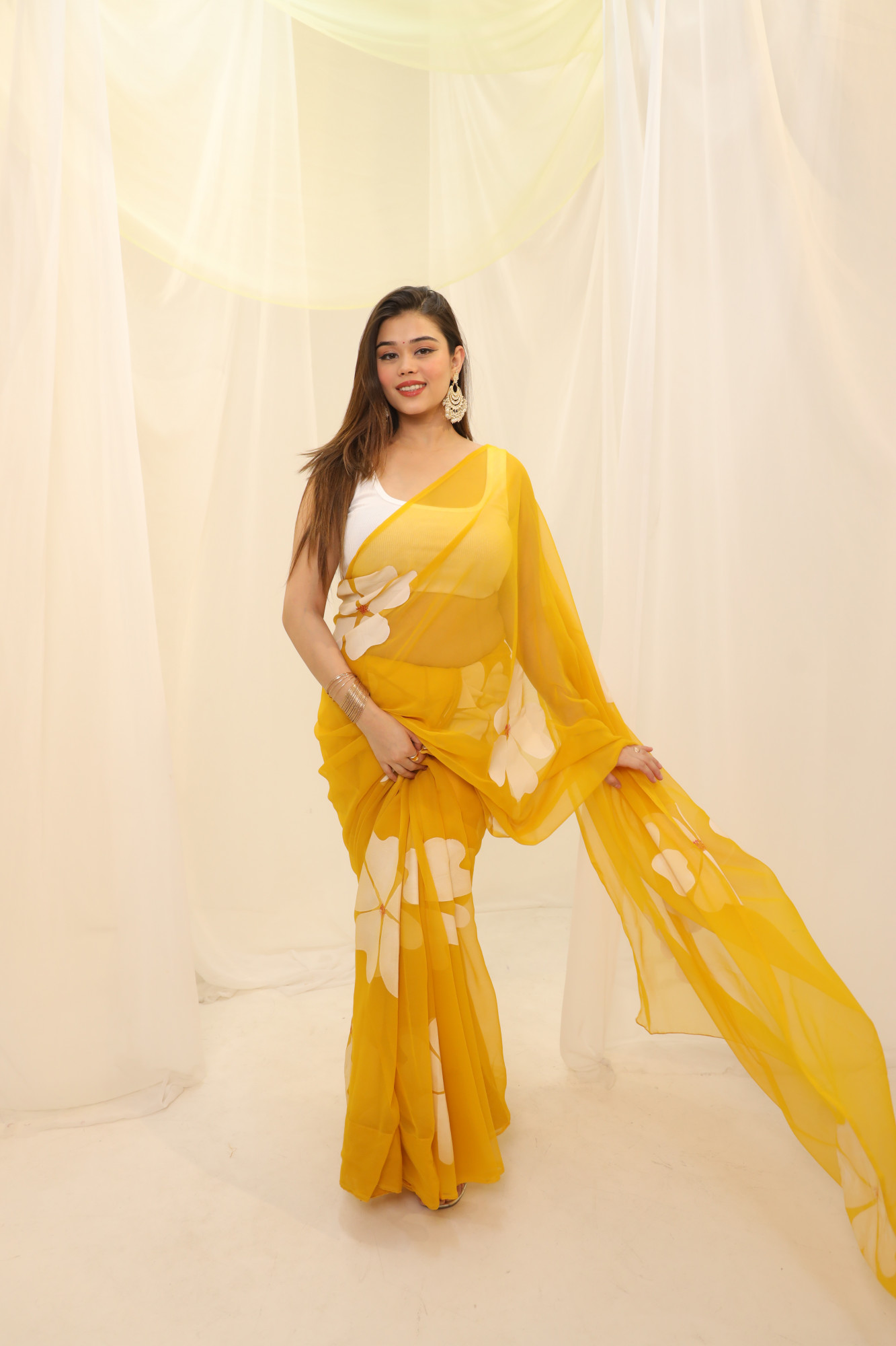 Yellow Floral Hand Painted Georgette Saree