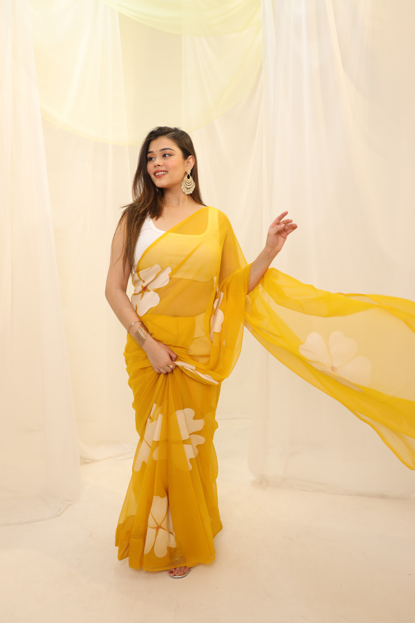 Yellow Floral Hand Painted Georgette Saree