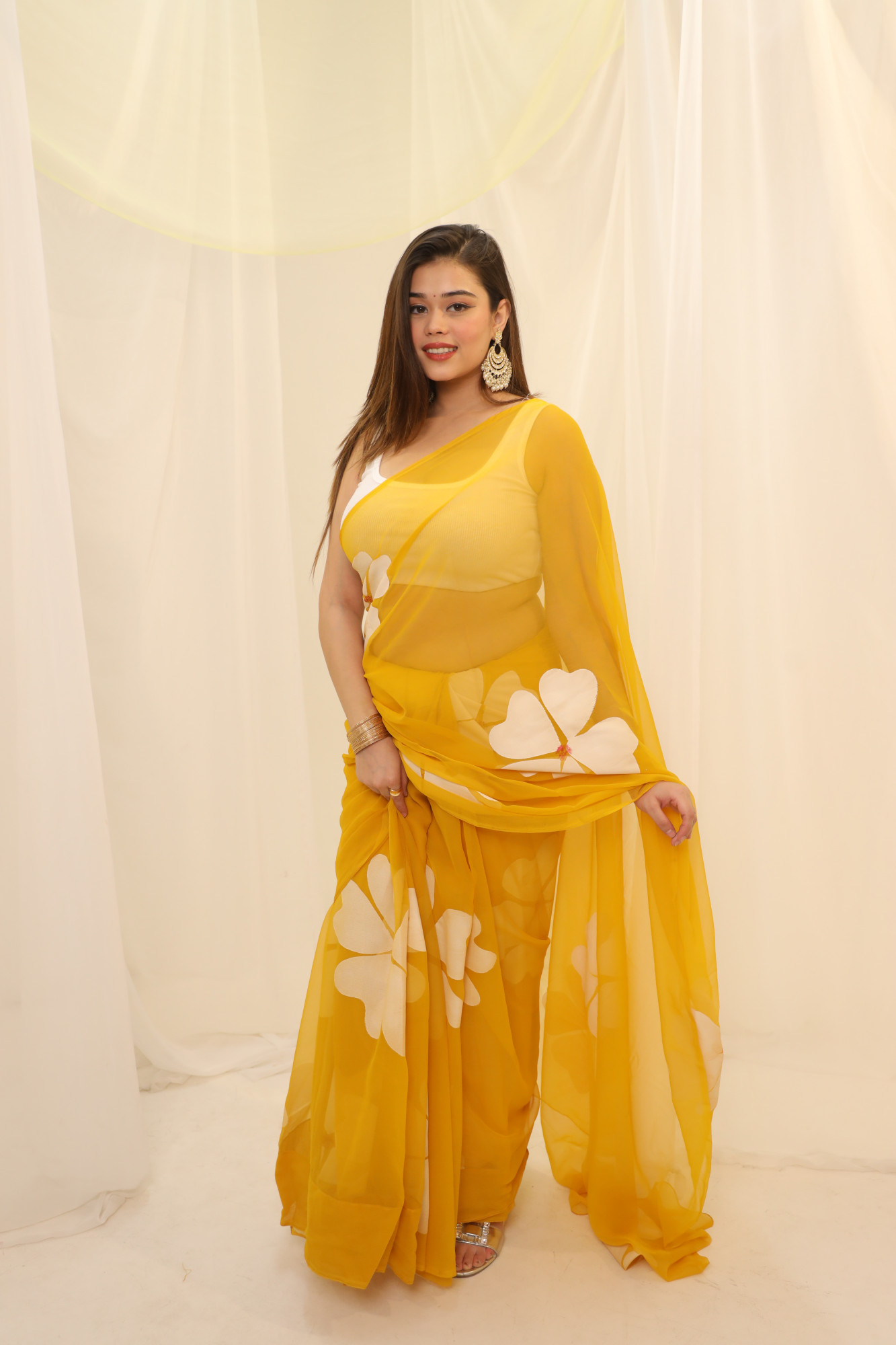Yellow Floral Hand Painted Georgette Saree