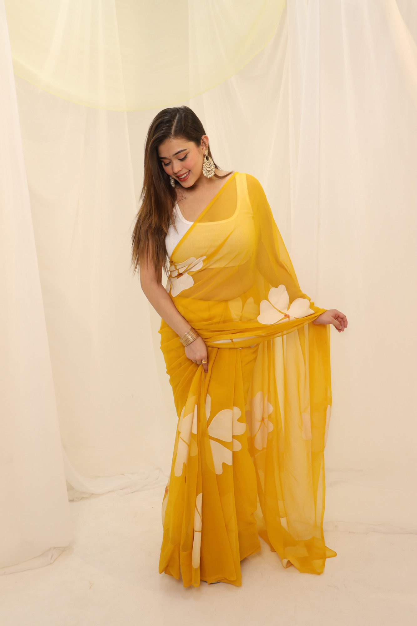 Yellow Floral Hand Painted Georgette Saree