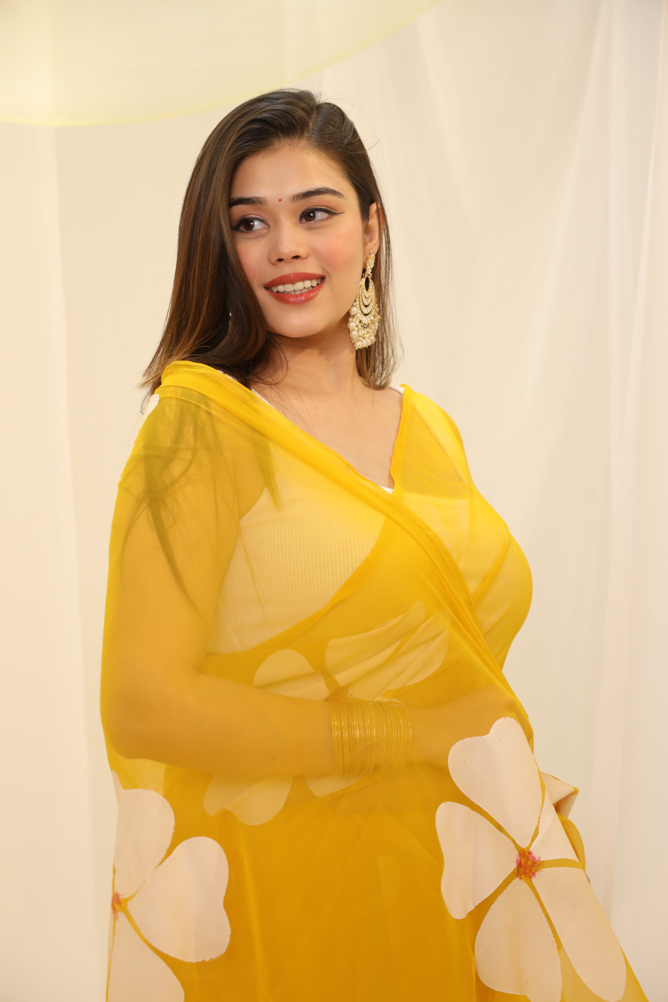 Yellow Floral Hand Painted Georgette Saree