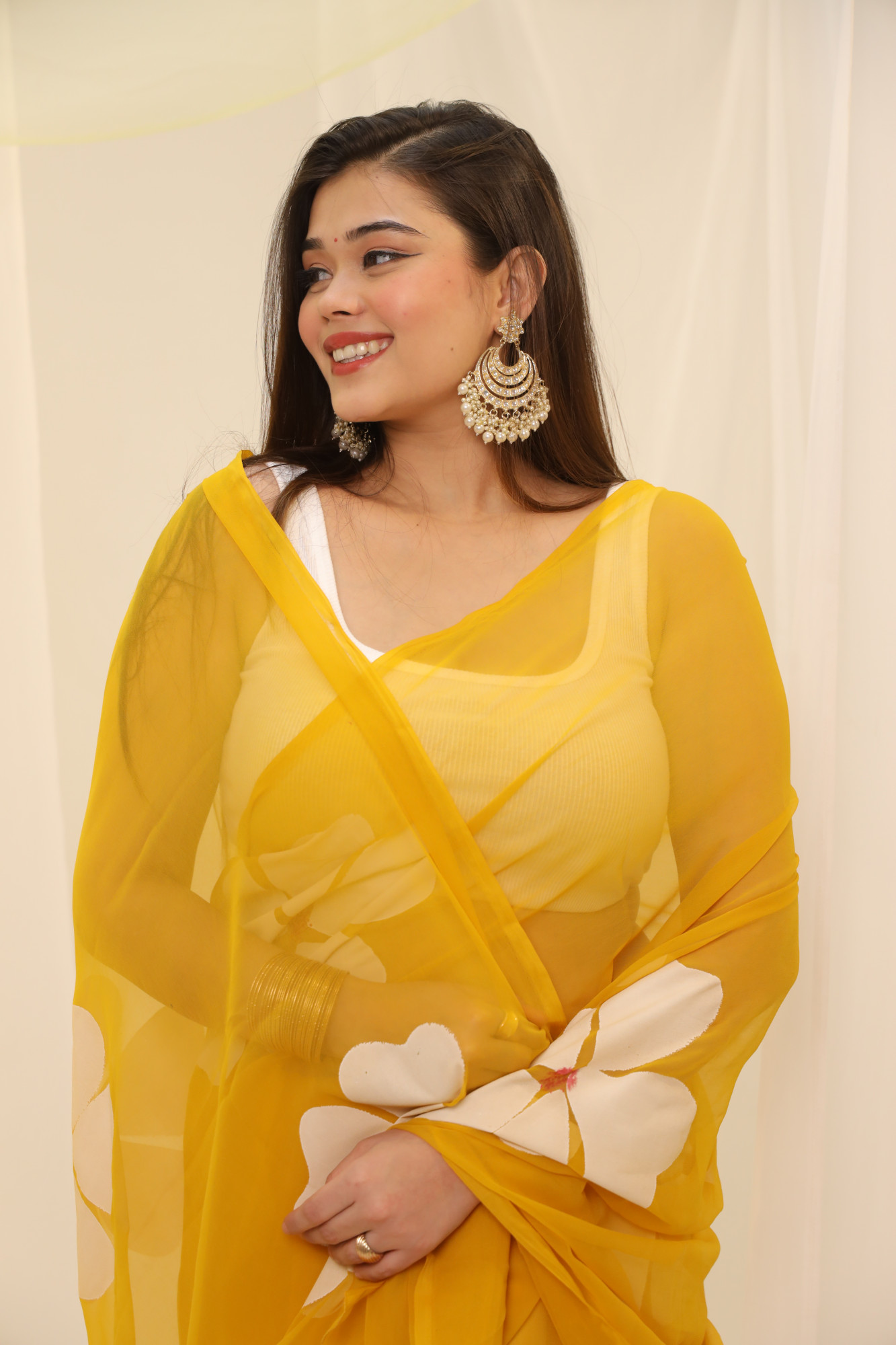 Yellow Floral Hand Painted Georgette Saree