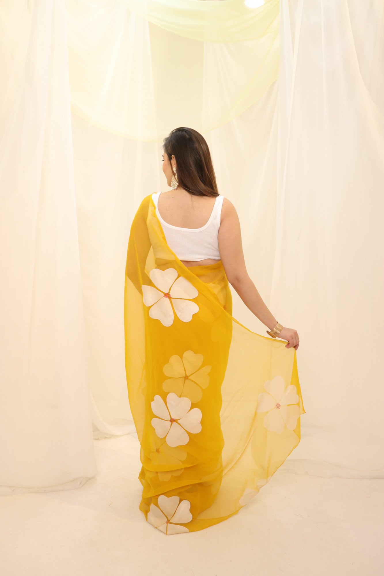 Yellow Floral Hand Painted Georgette Saree