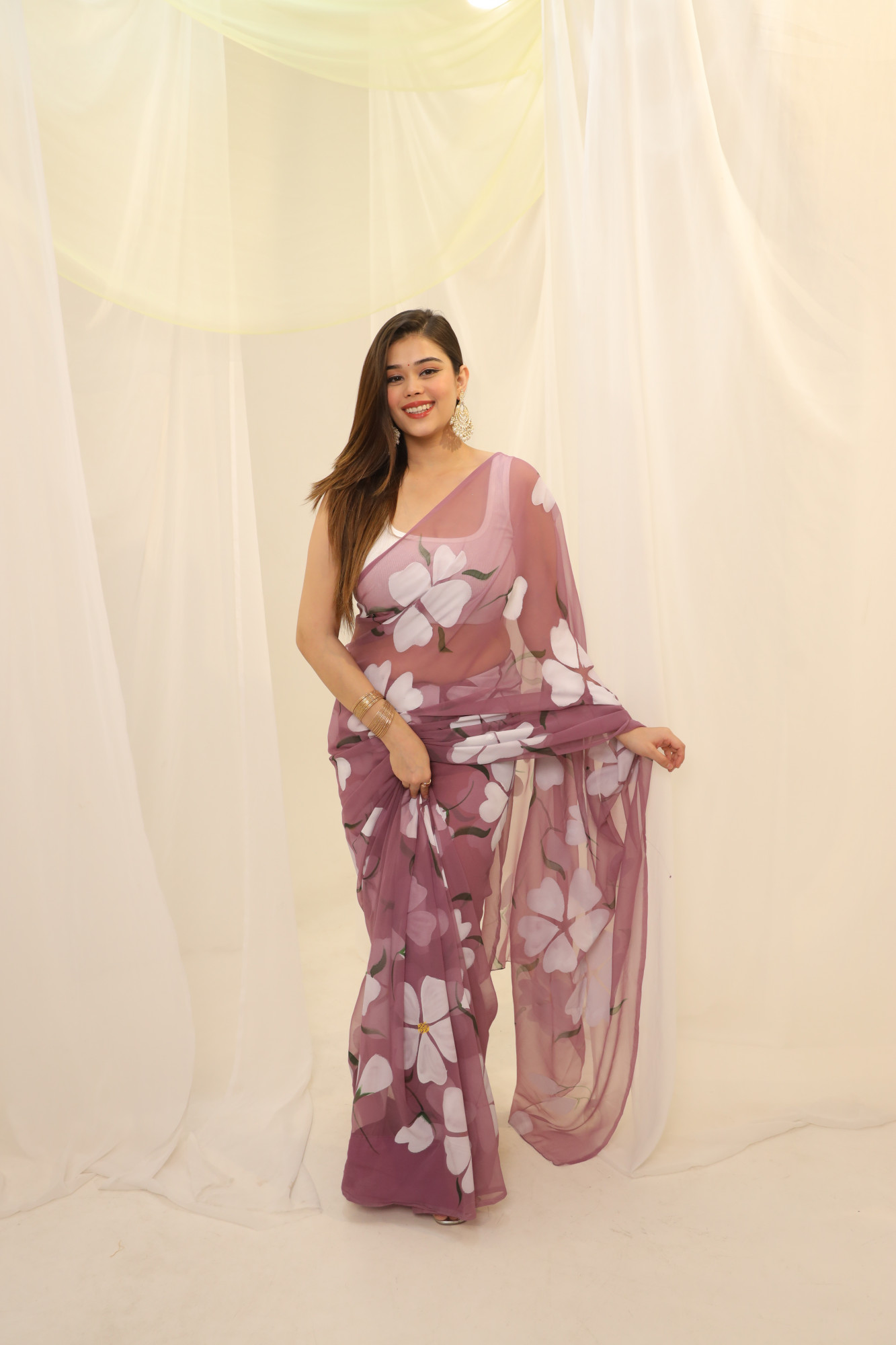 Dusty Floral Hand Painted Georgette Saree