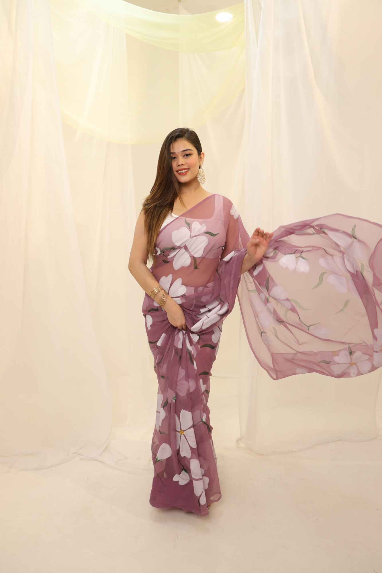 Dusty Floral Hand Painted Georgette Saree