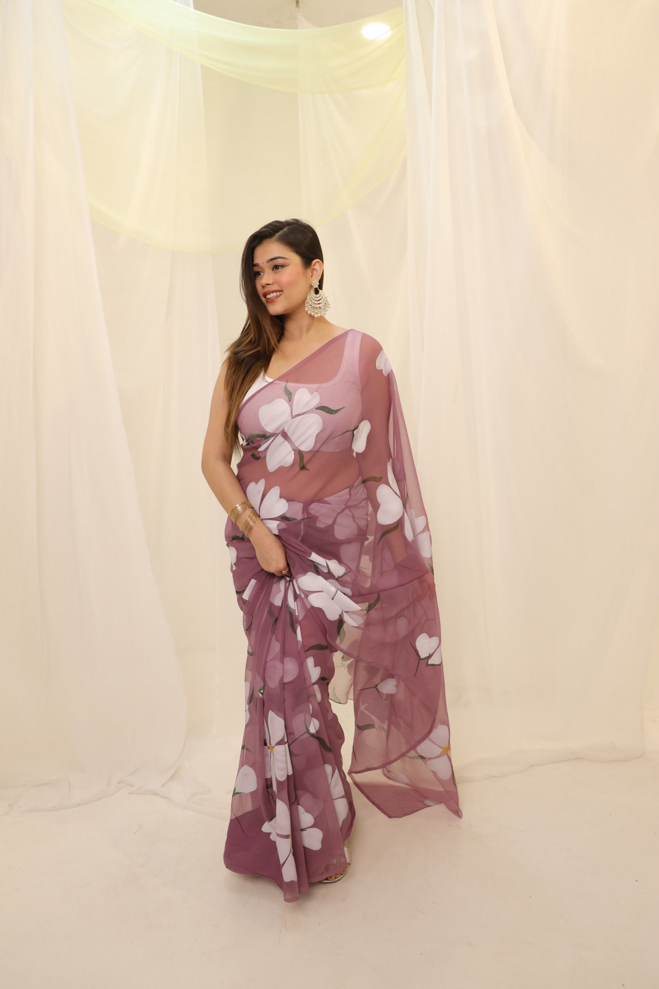 Dusty Floral Hand Painted Georgette Saree