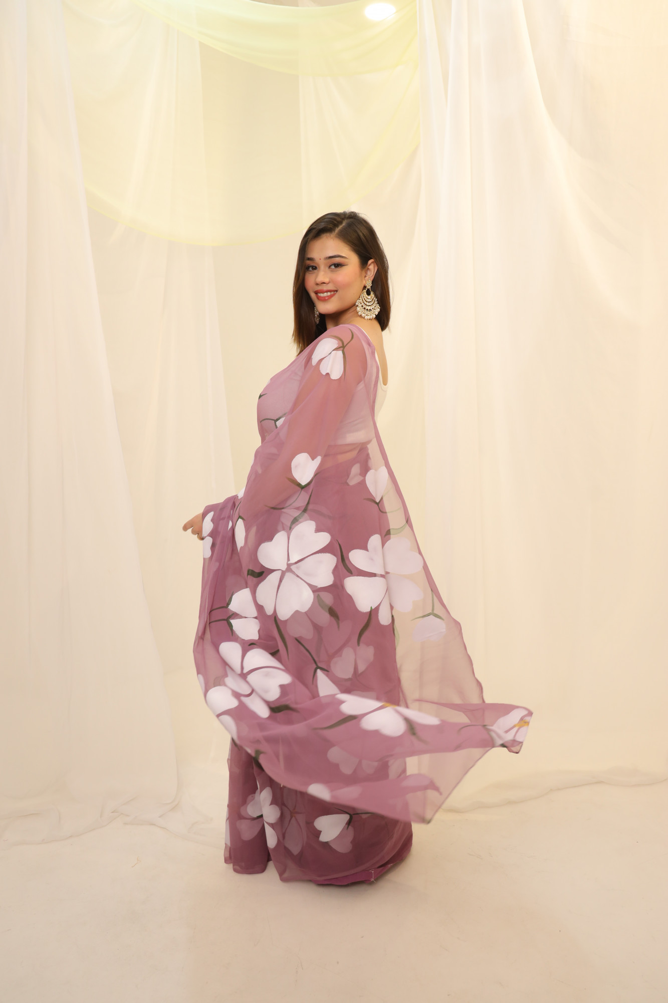 Dusty Floral Hand Painted Georgette Saree