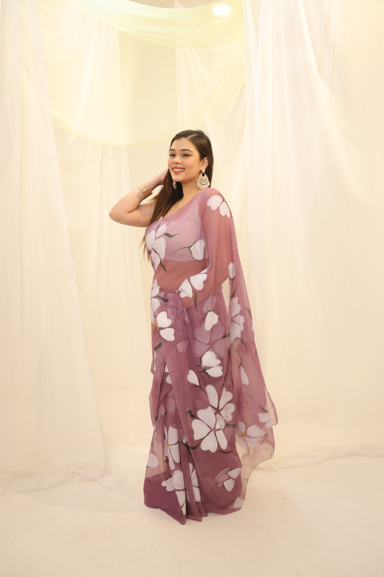 Dusty Floral Hand Painted Georgette Saree
