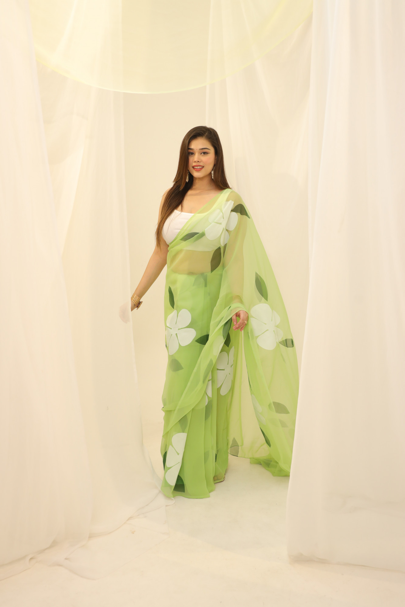 Pastel Green Floral Hand Painted Georgette Saree
