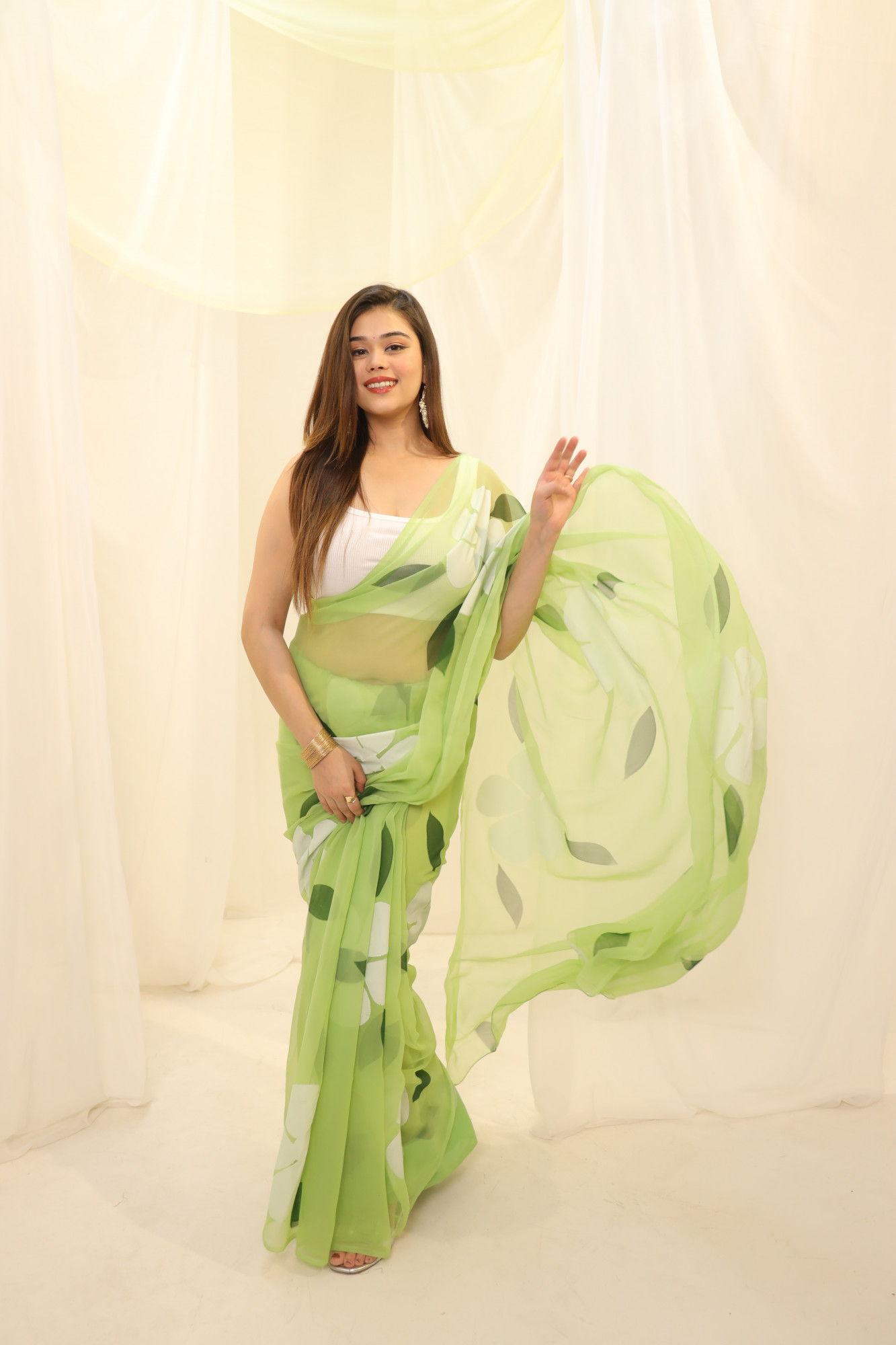 Pastel Green Floral Hand Painted Georgette Saree