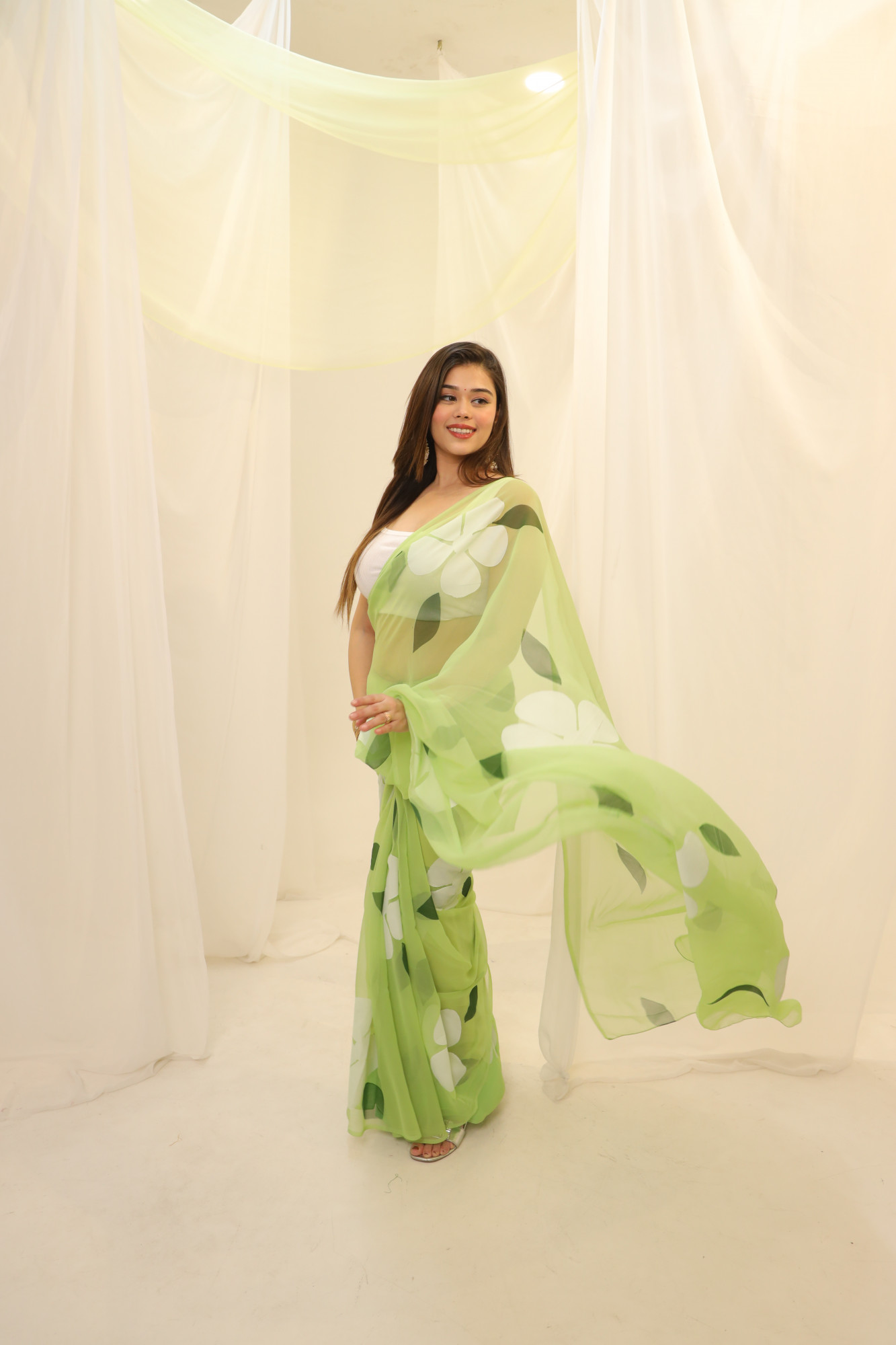 Pastel Green Floral Hand Painted Georgette Saree
