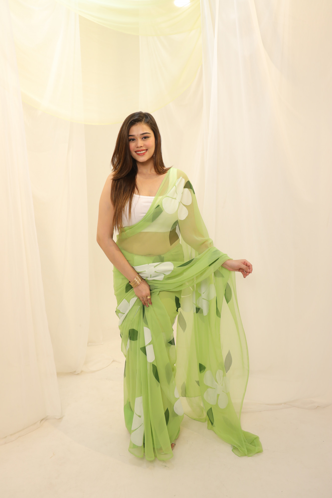 Pastel Green Floral Hand Painted Georgette Saree