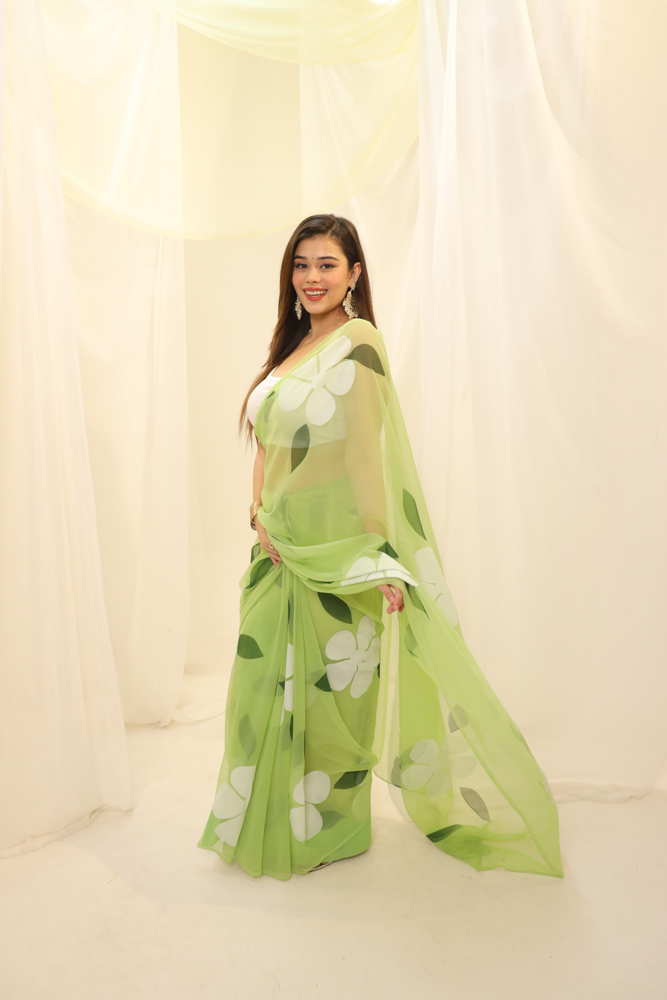 Pastel Green Floral Hand Painted Georgette Saree