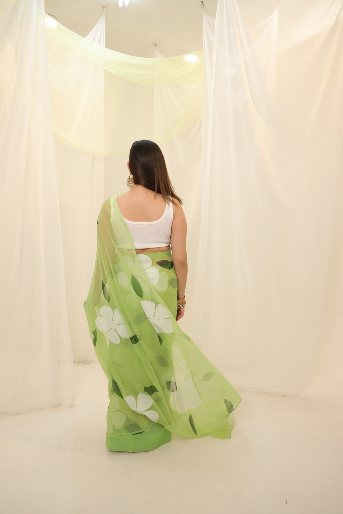 Pastel Green Floral Hand Painted Georgette Saree