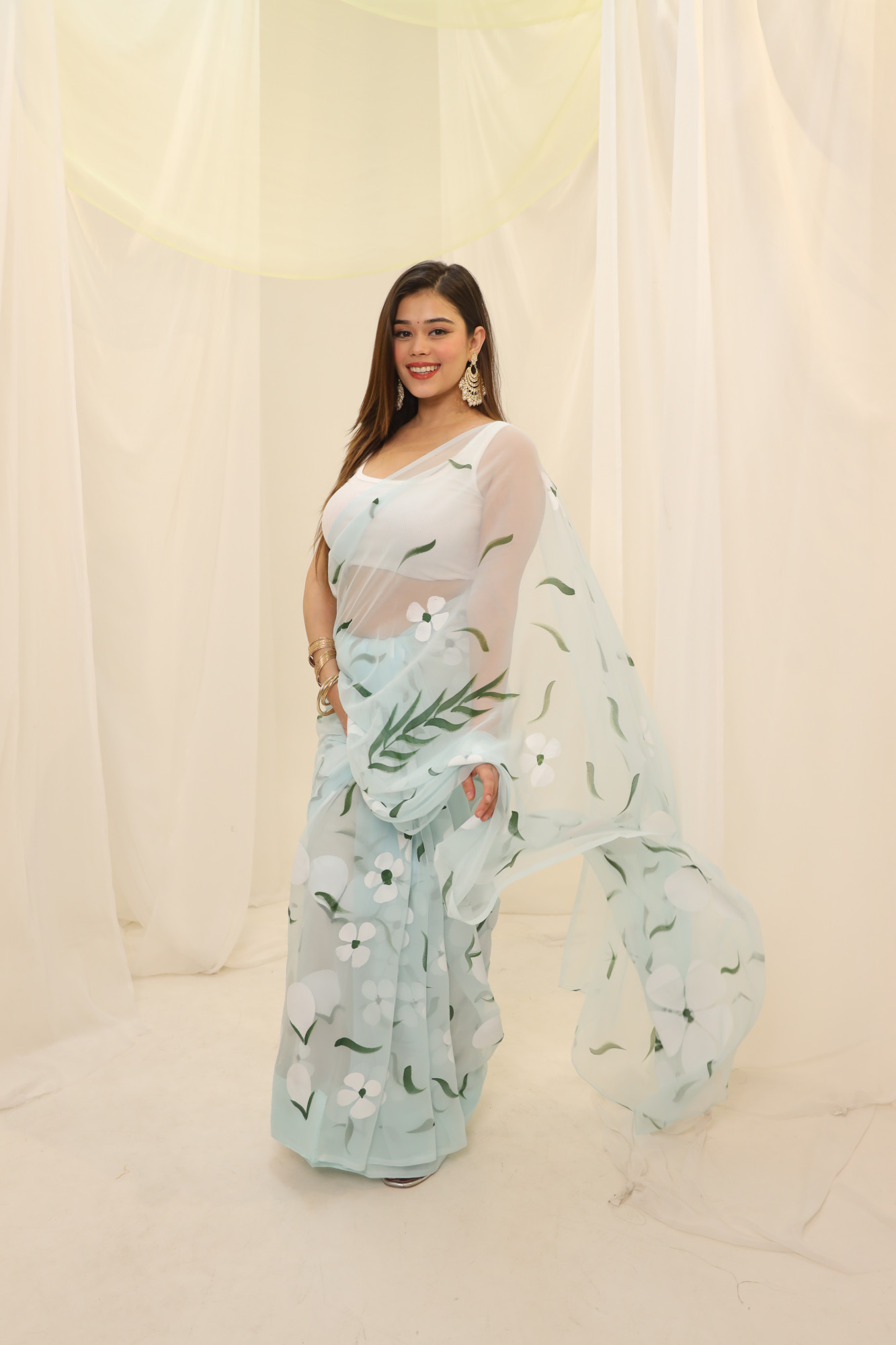 Pastel Blue Floral Hand Painted Georgette Saree