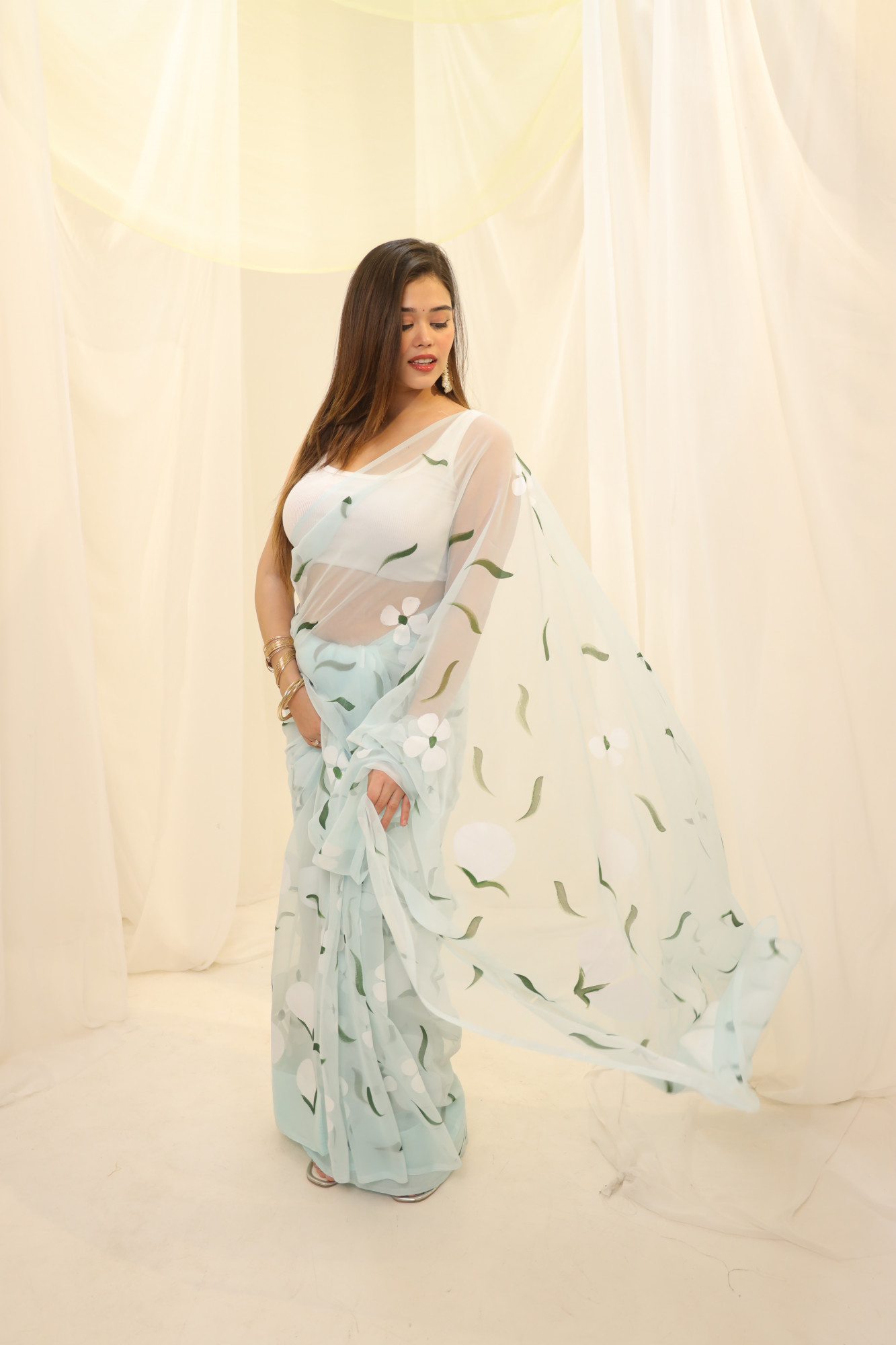 Pastel Blue Floral Hand Painted Georgette Saree