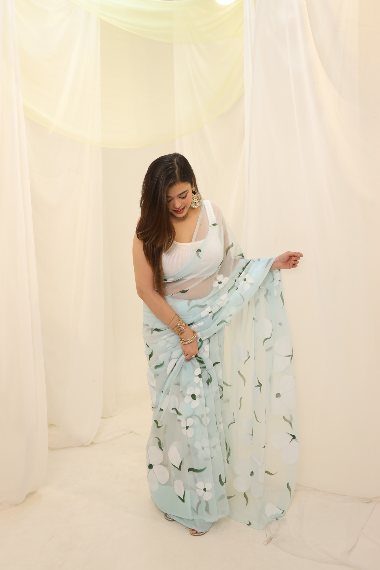 Pastel Blue Floral Hand Painted Georgette Saree