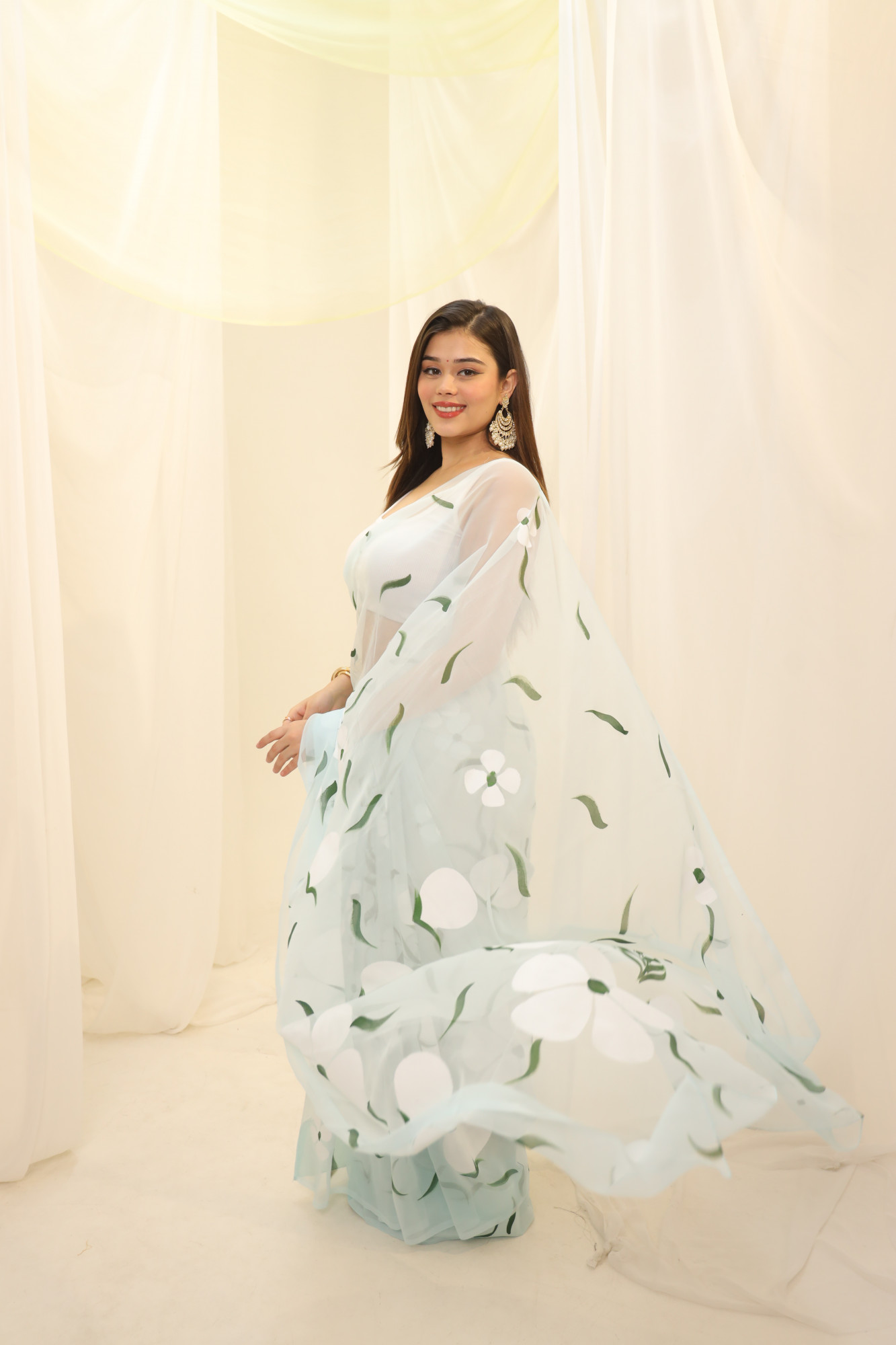 Pastel Blue Floral Hand Painted Georgette Saree