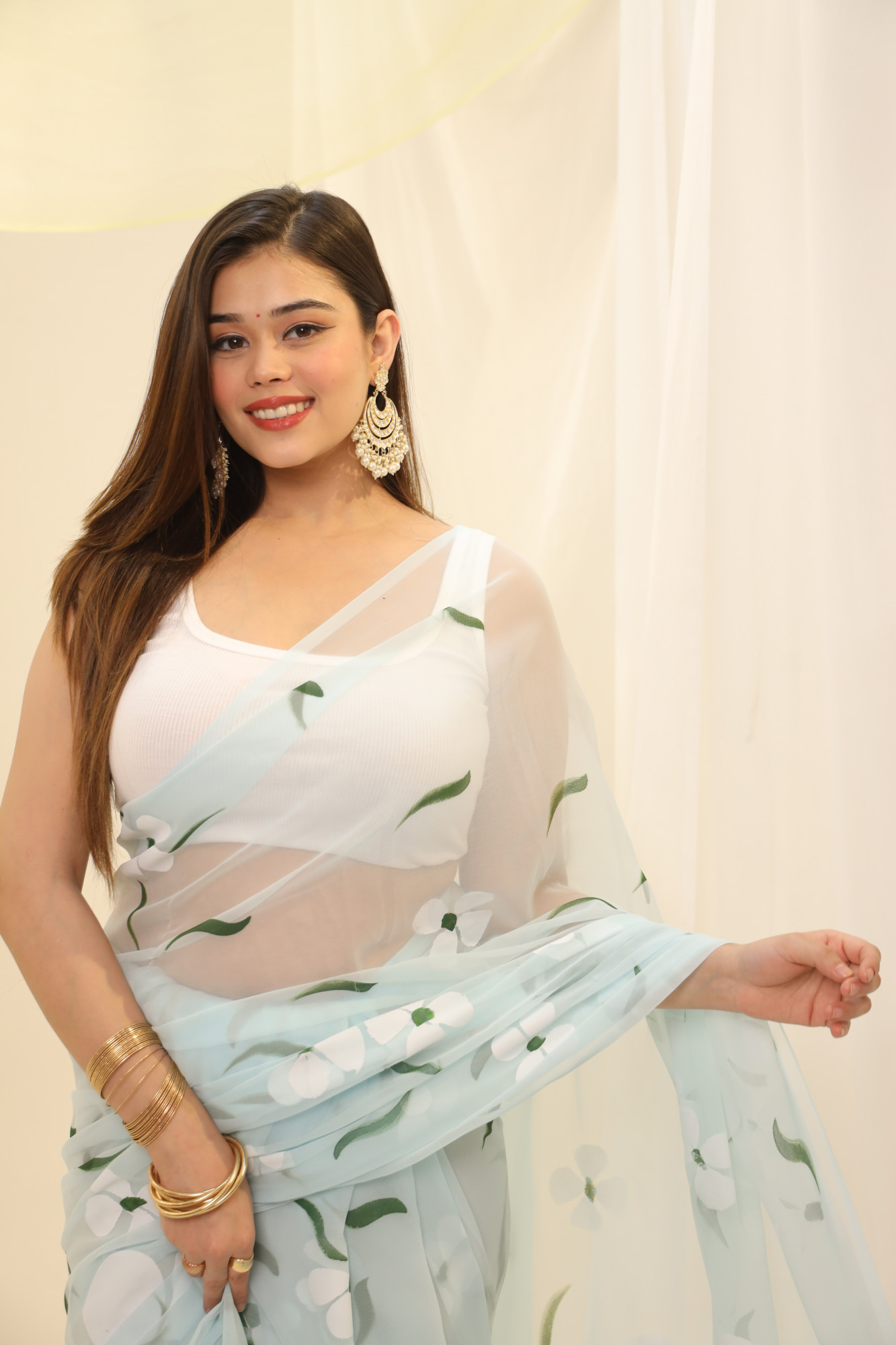 Pastel Blue Floral Hand Painted Georgette Saree