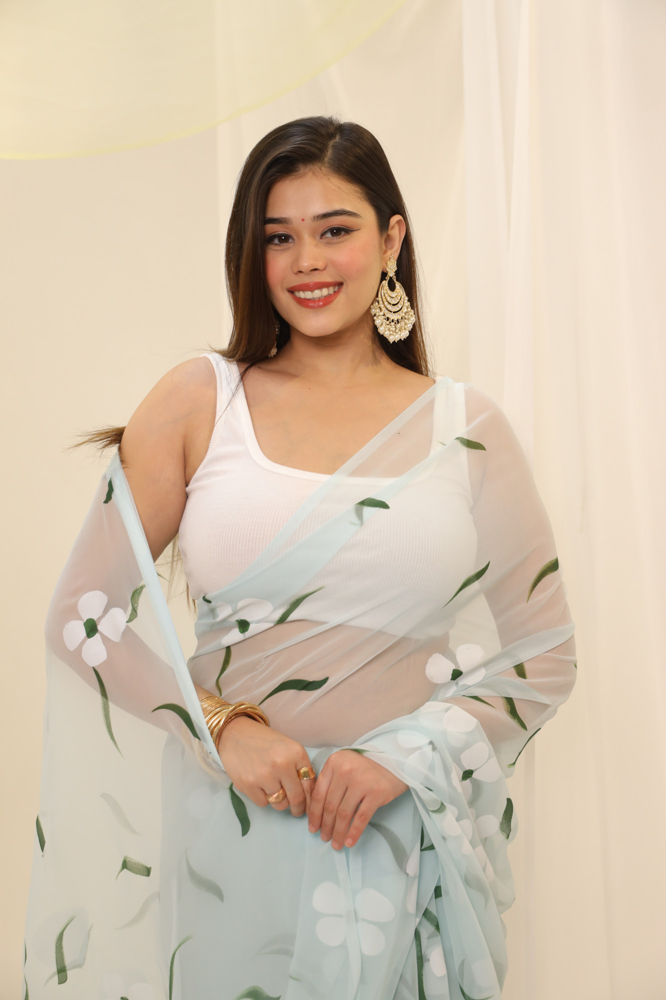 Pastel Blue Floral Hand Painted Georgette Saree