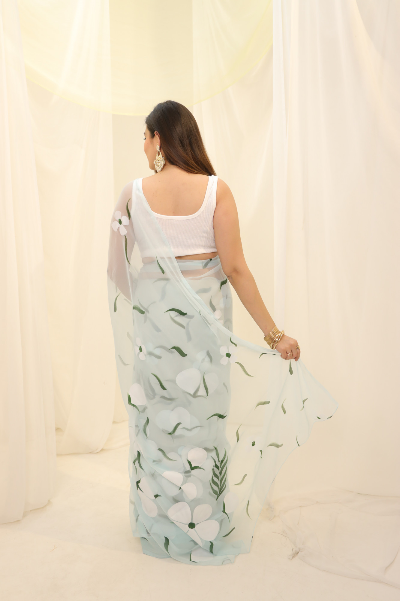 Pastel Blue Floral Hand Painted Georgette Saree