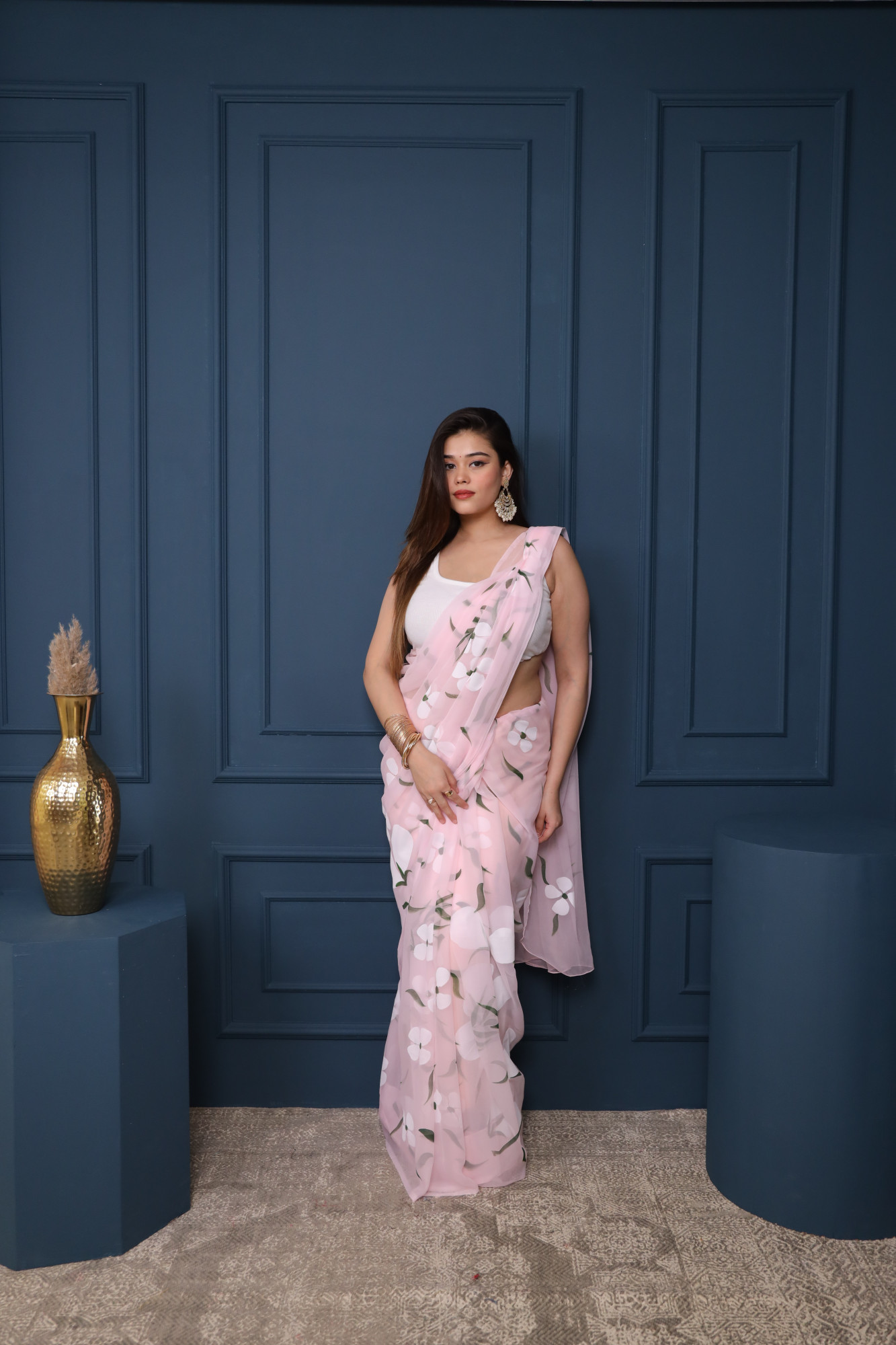 Baby Pink Floral Hand Painted Saree