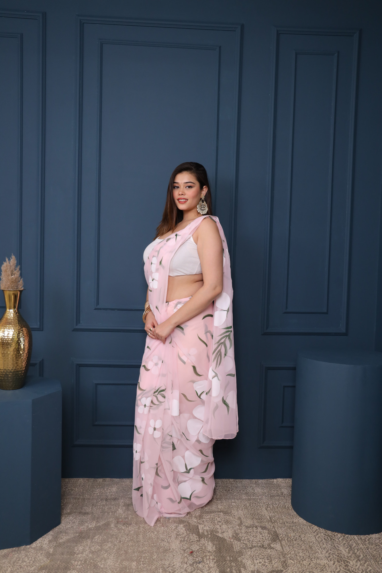 Baby Pink Floral Hand Painted Saree