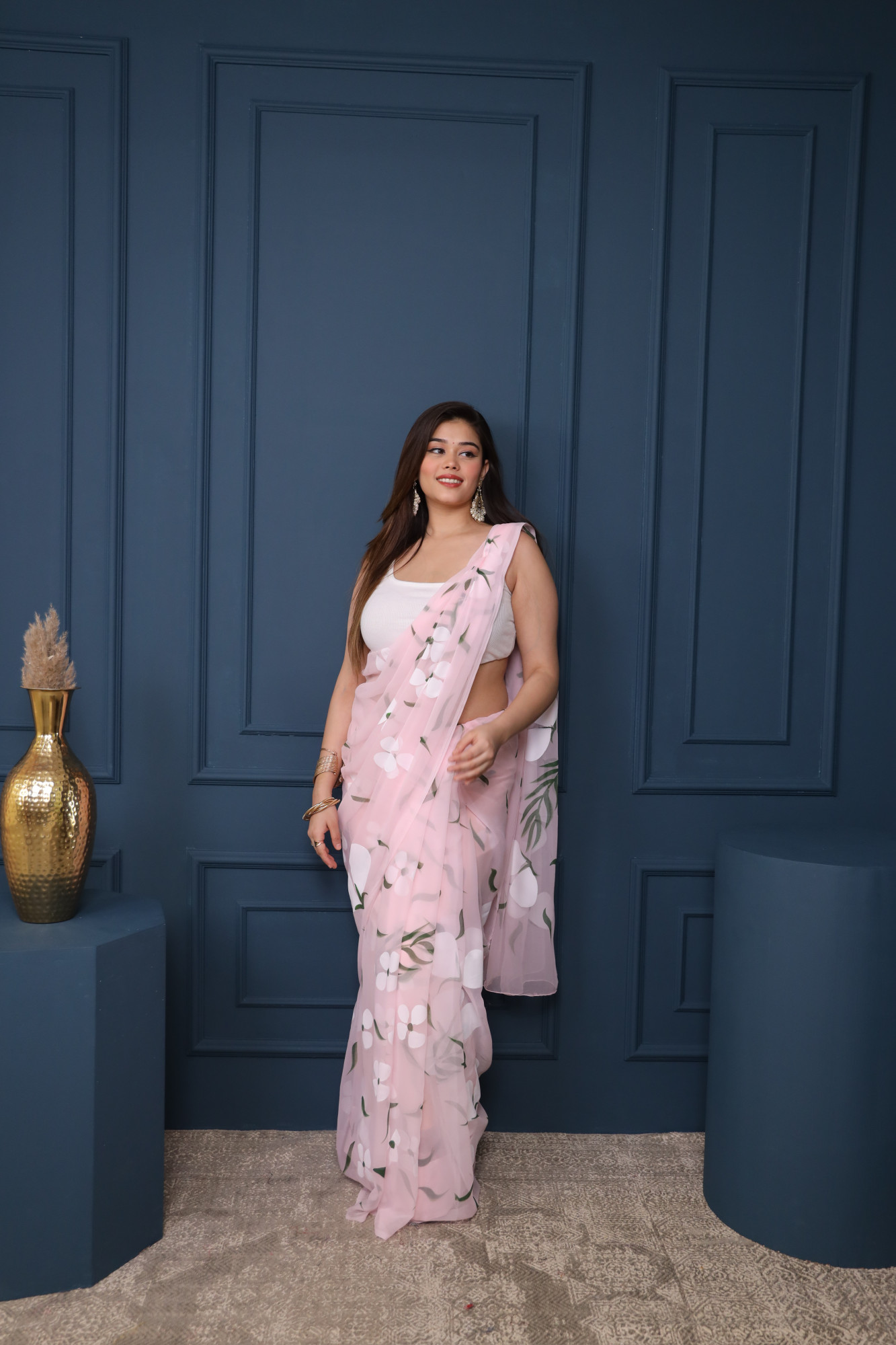 Baby Pink Floral Hand Painted Saree