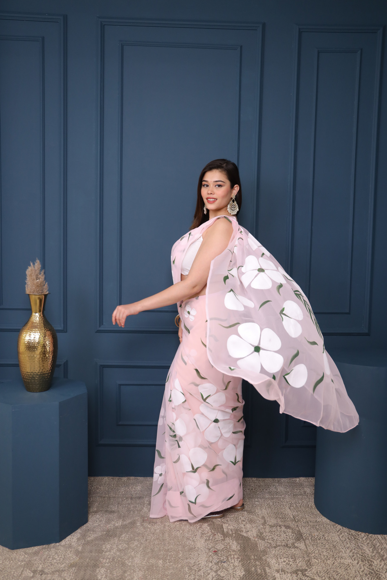 Baby Pink Floral Hand Painted Saree