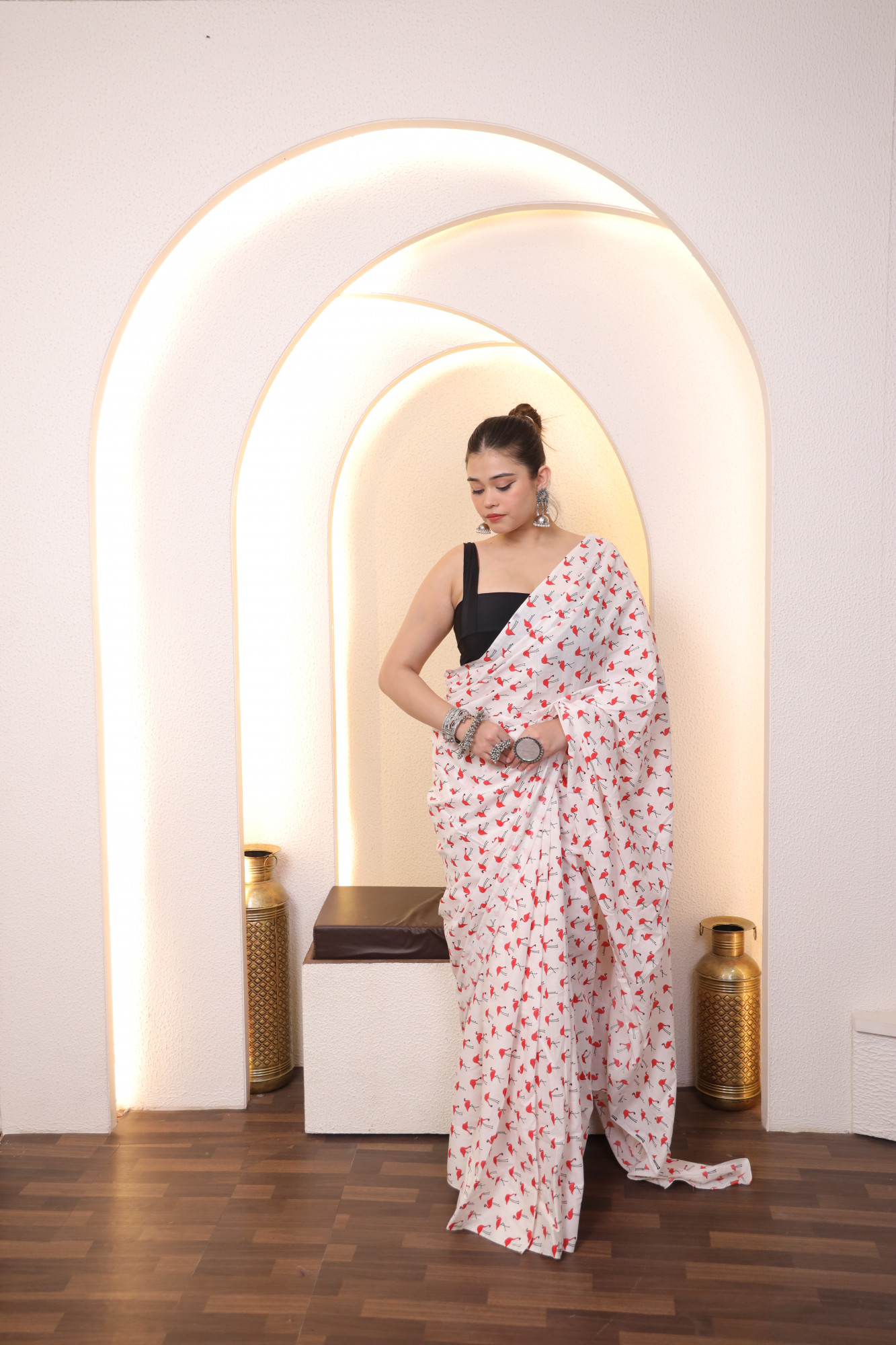 White And Red Swan Cotton saree