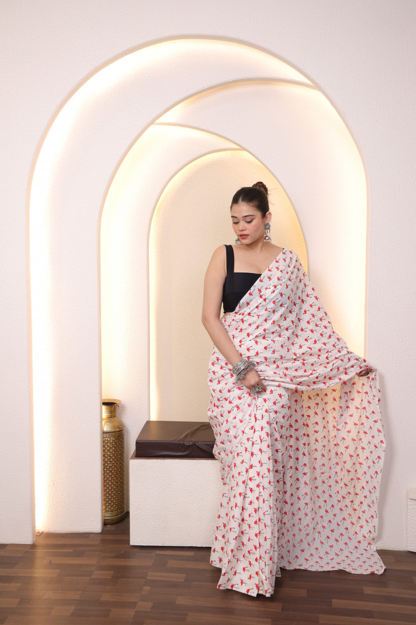 White And Red Swan Cotton saree