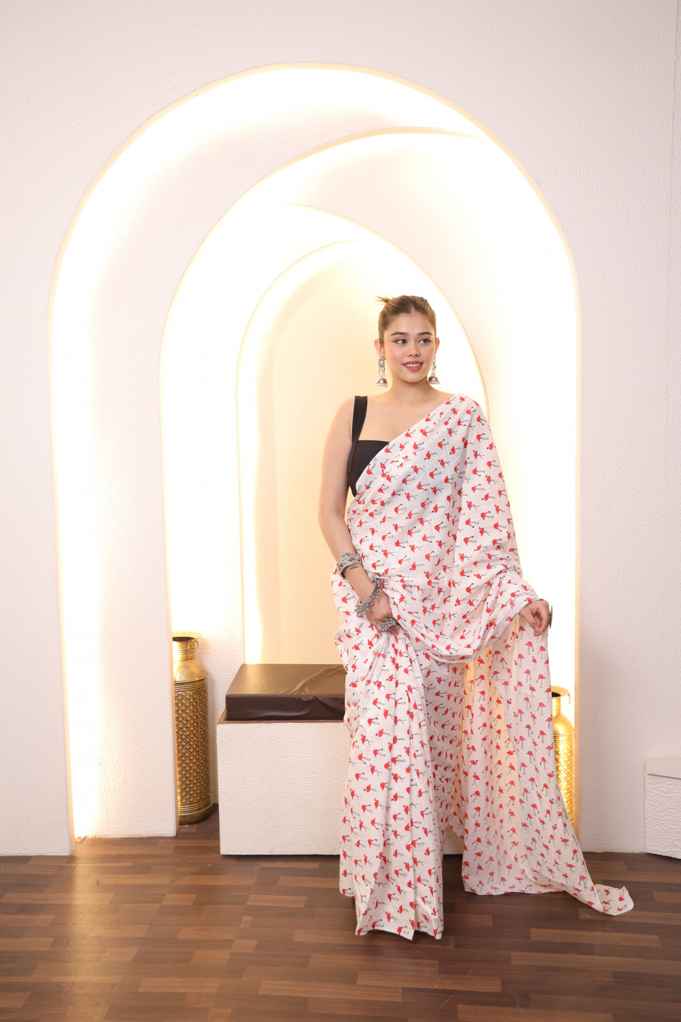 White And Red Swan Cotton saree