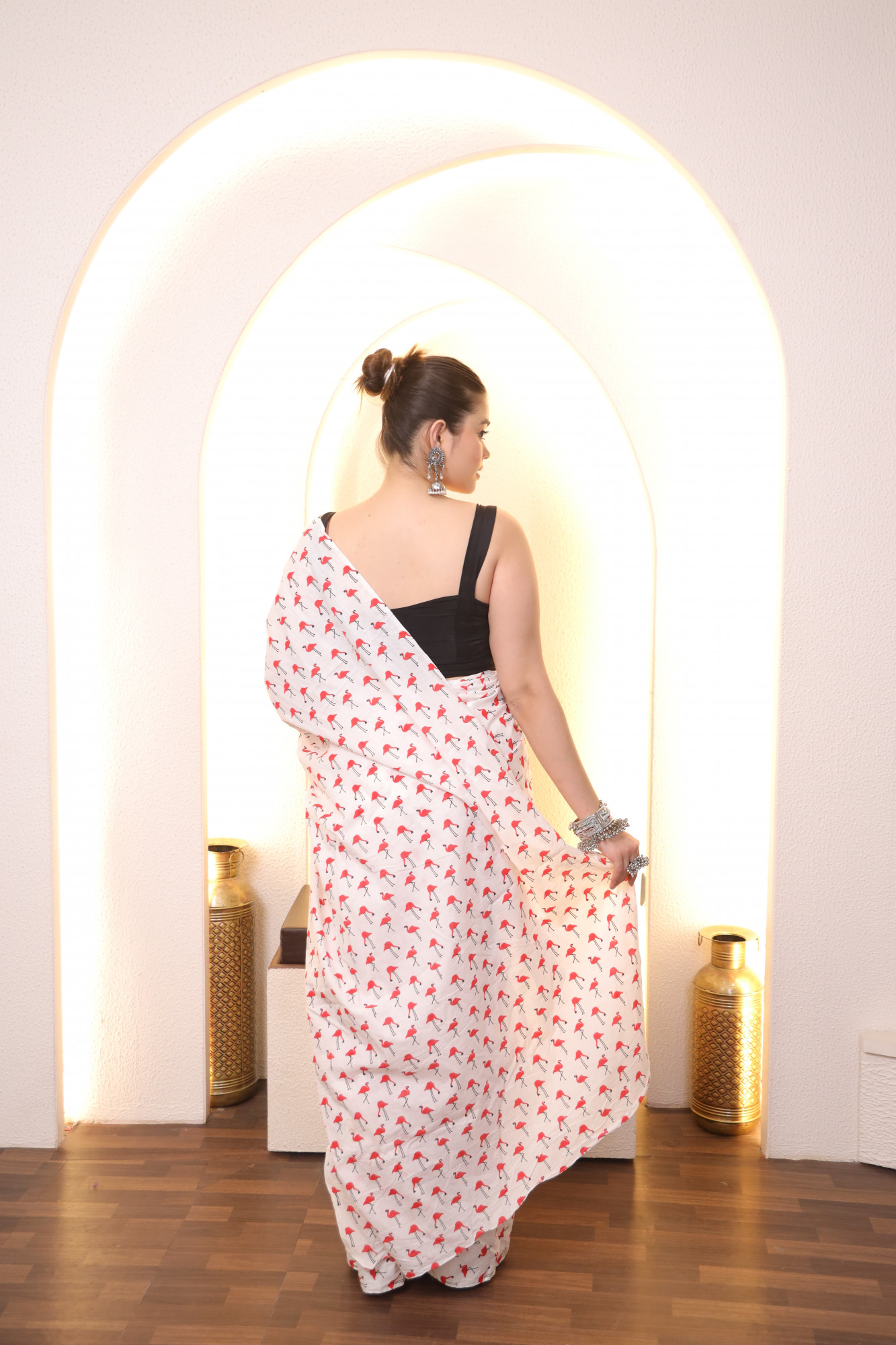 White And Red Swan Cotton saree