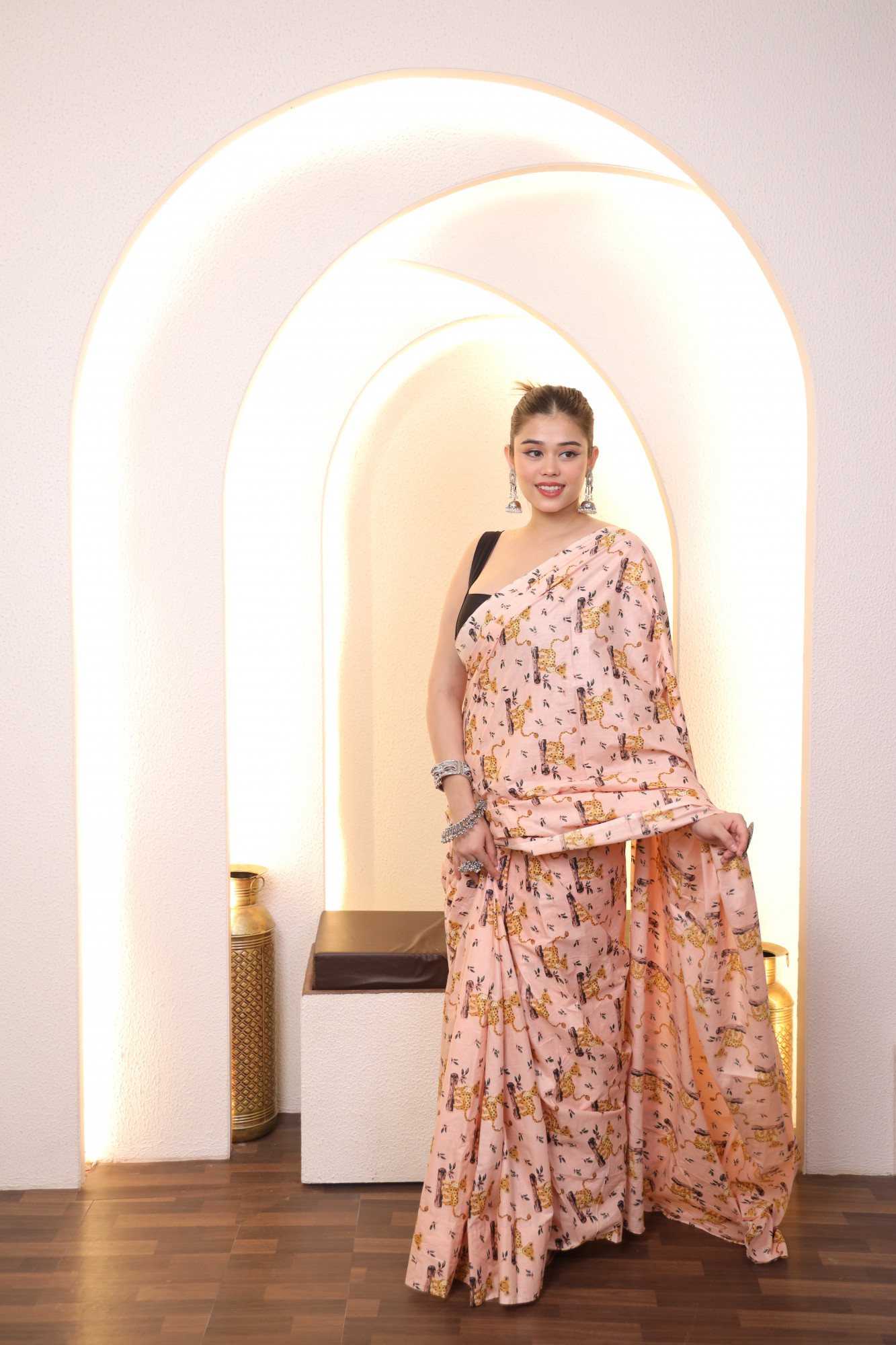 Pink Cute Tiger Cotton saree