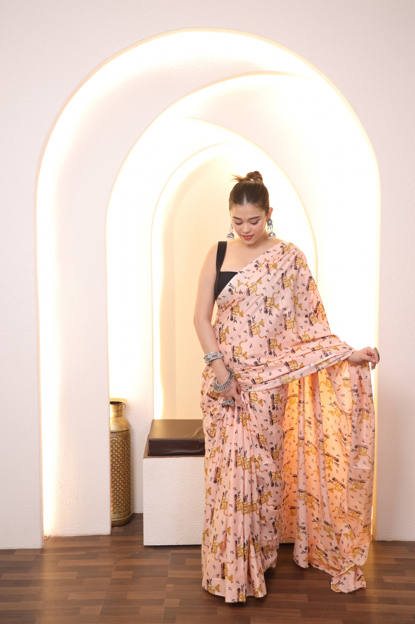 Pink Cute Tiger Cotton saree