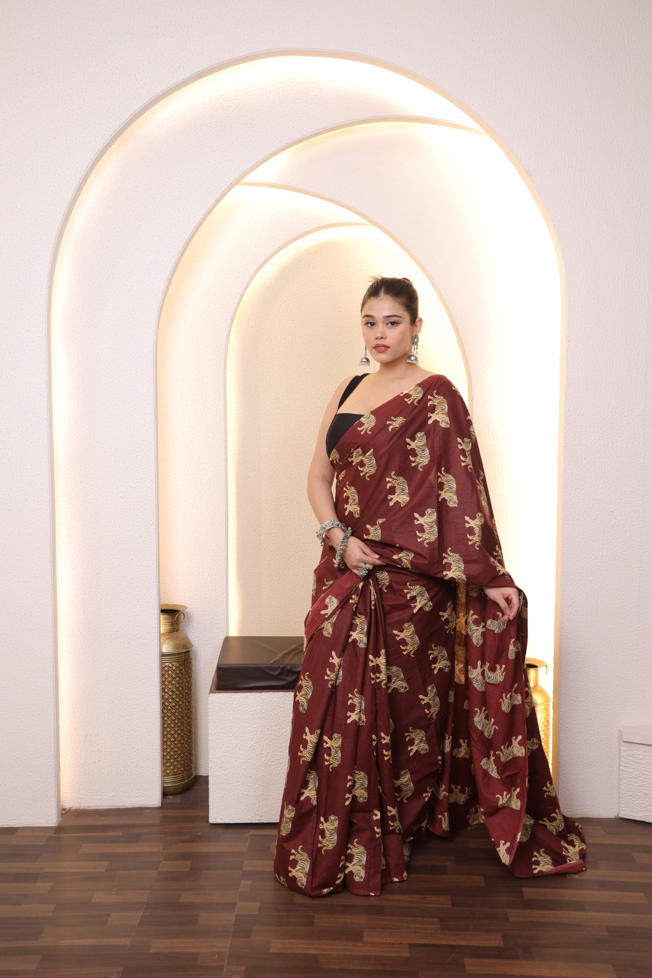 Brick Animal Cotton saree