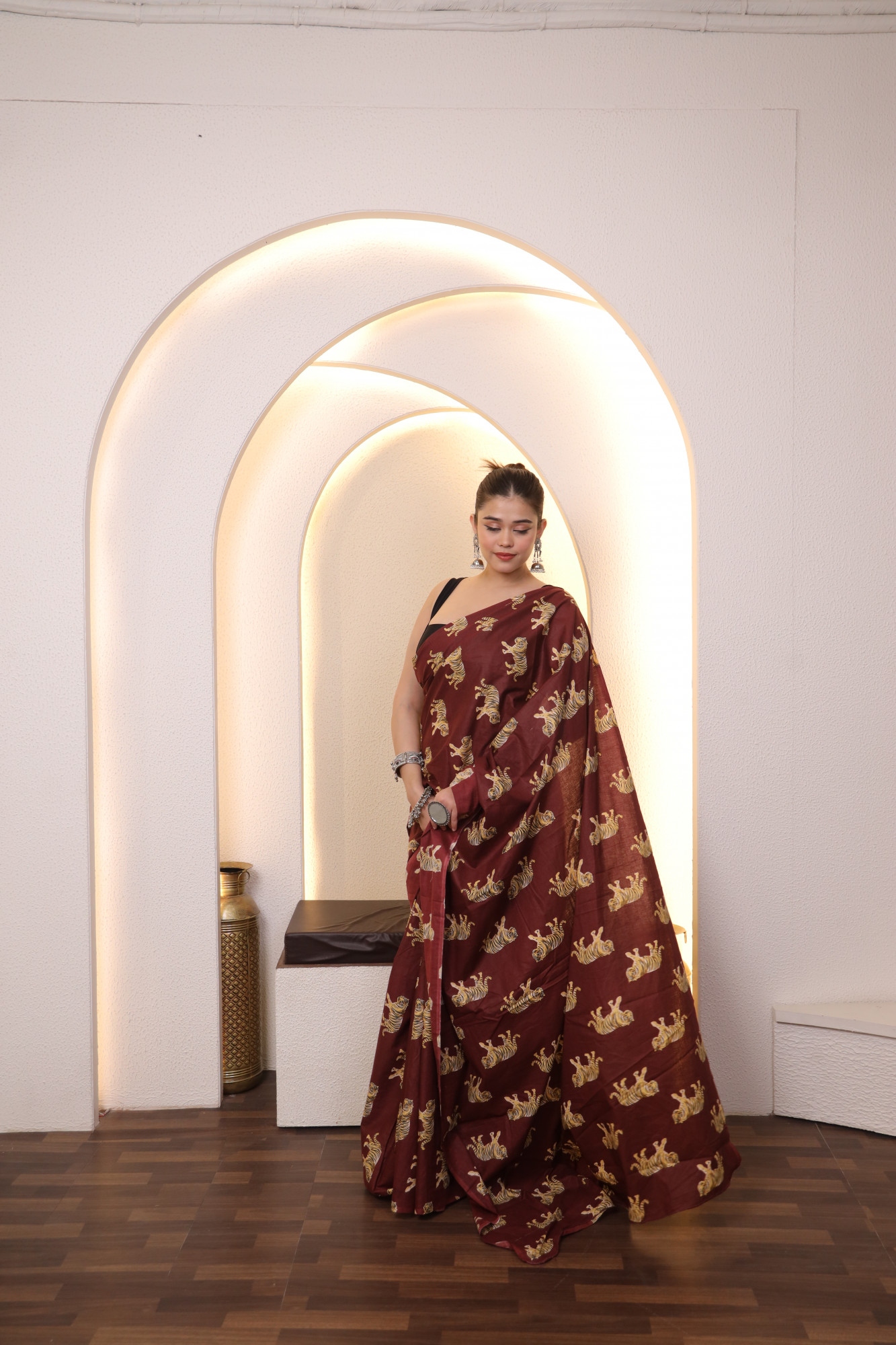 Brick Animal Cotton saree