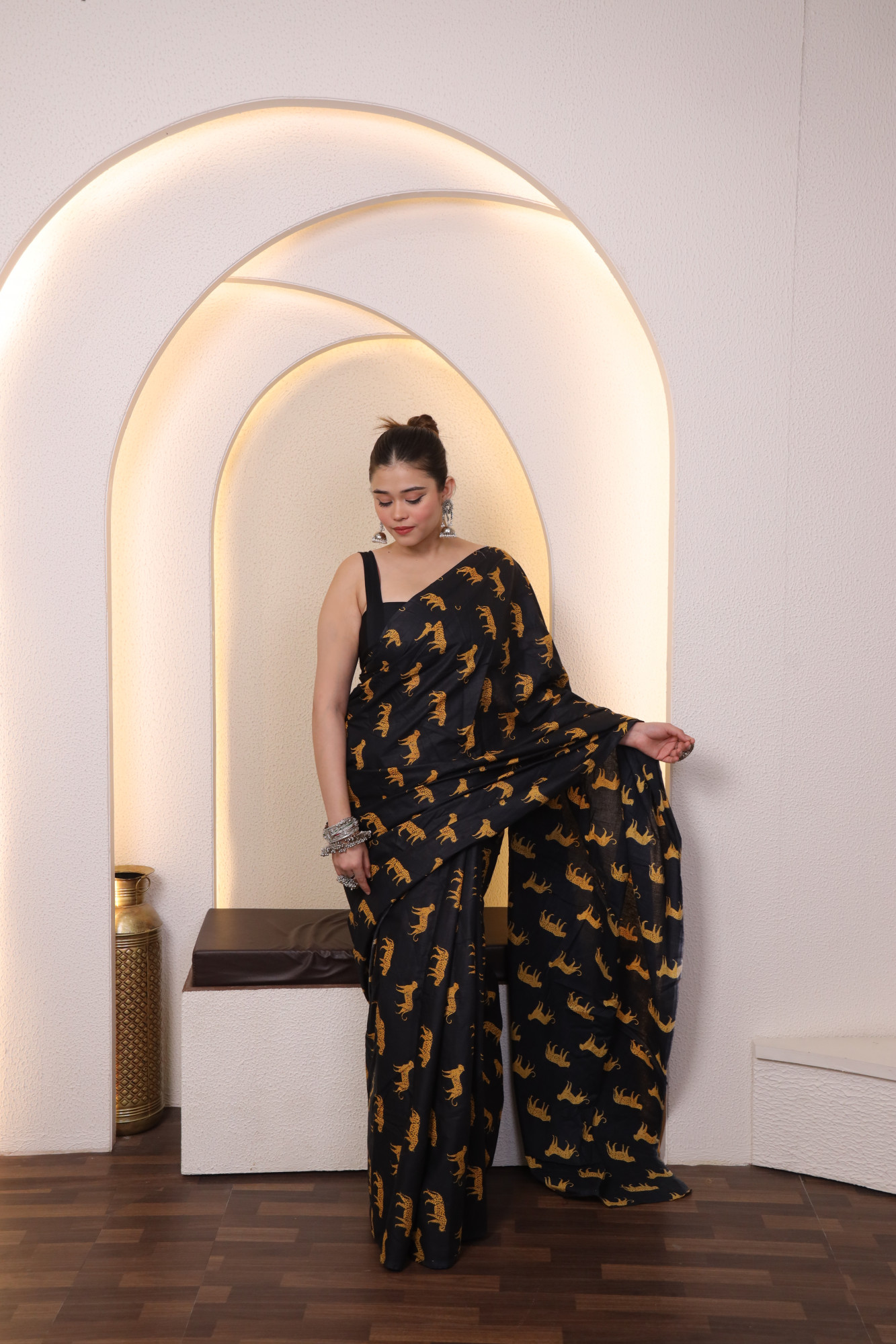 Black Leopard Cotton saree