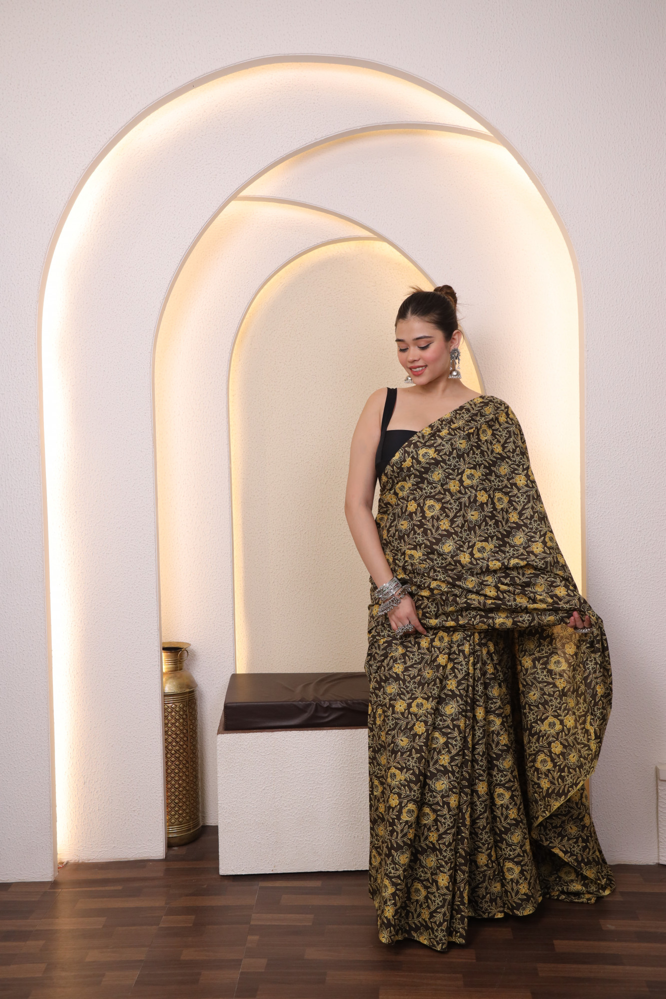 Mustard and Black Cotton saree