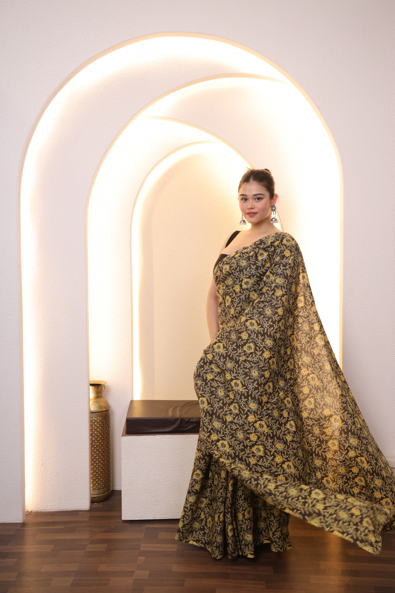 Mustard and Black Cotton saree