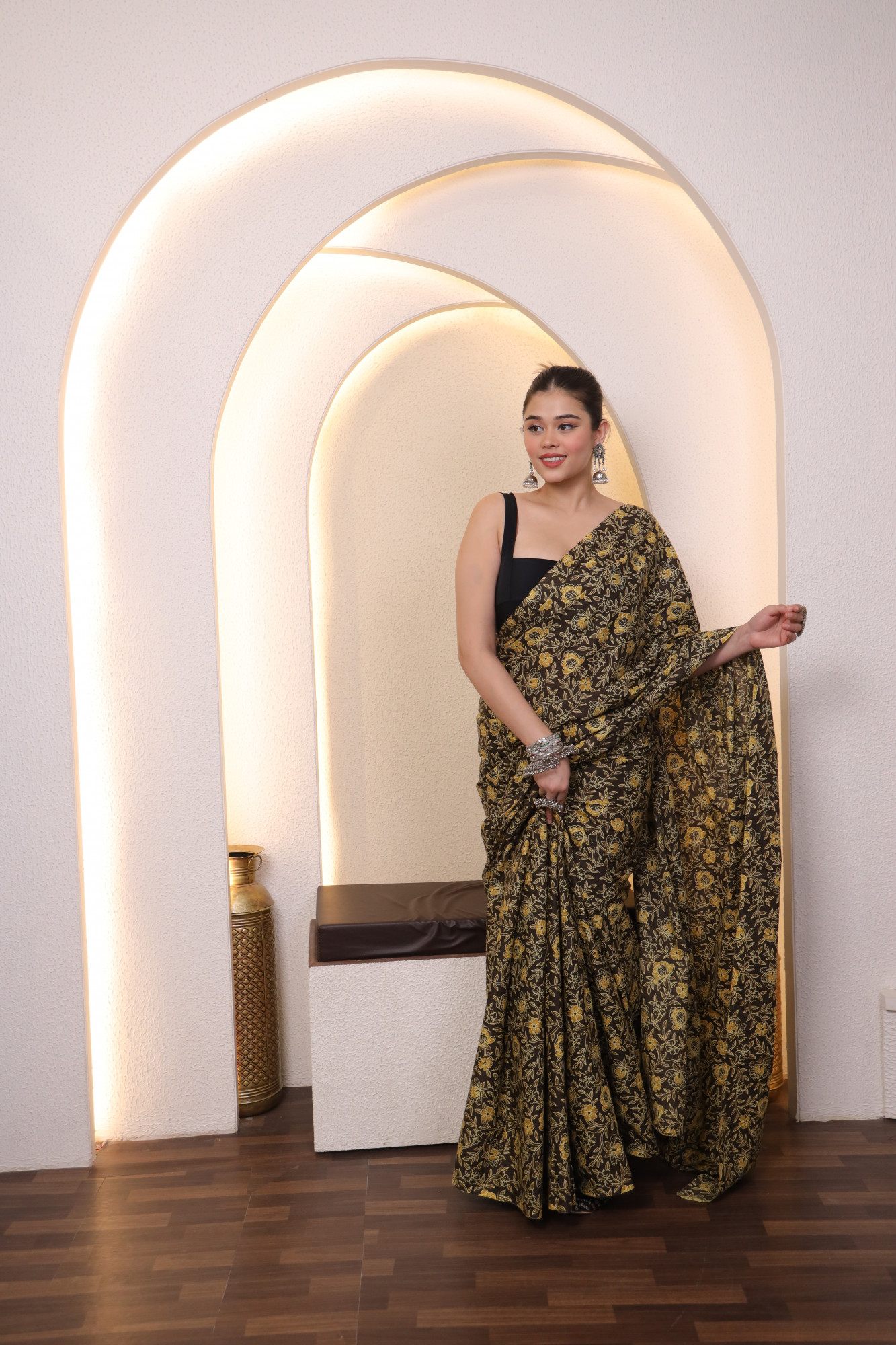 Mustard and Black Cotton saree