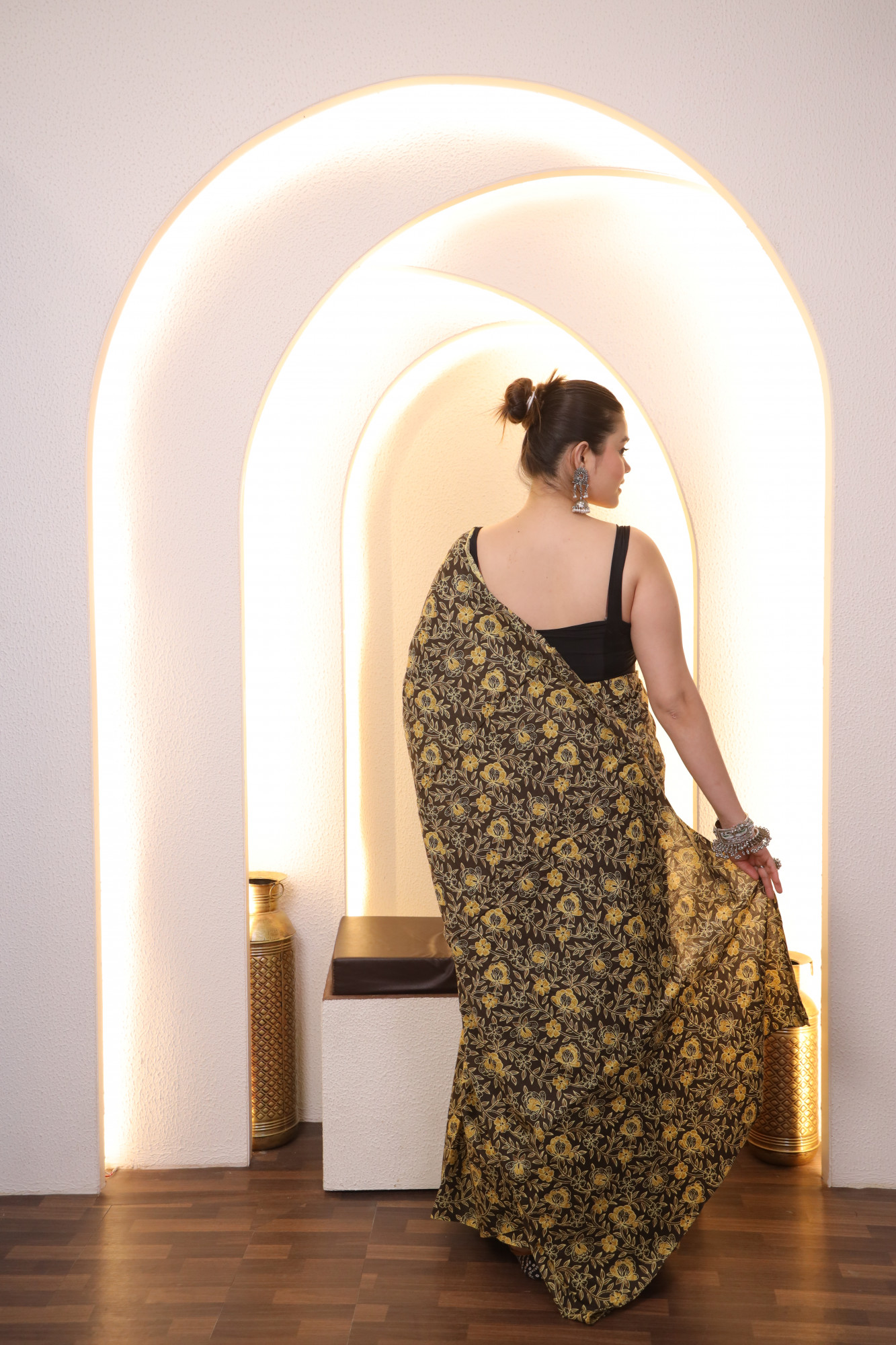 Mustard and Black Cotton saree