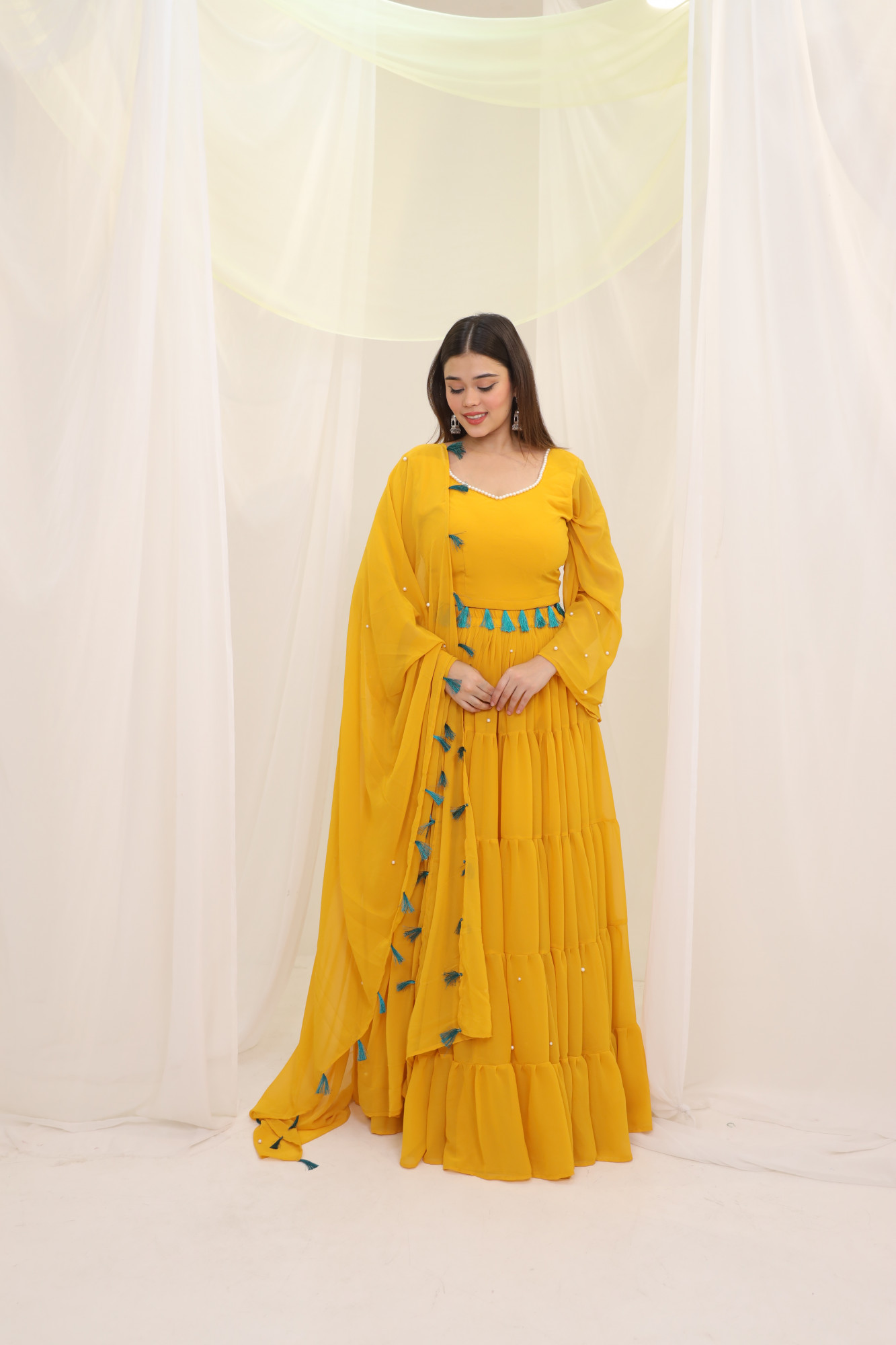 Sunflower Tassels Details Georgette Lehenga Set
